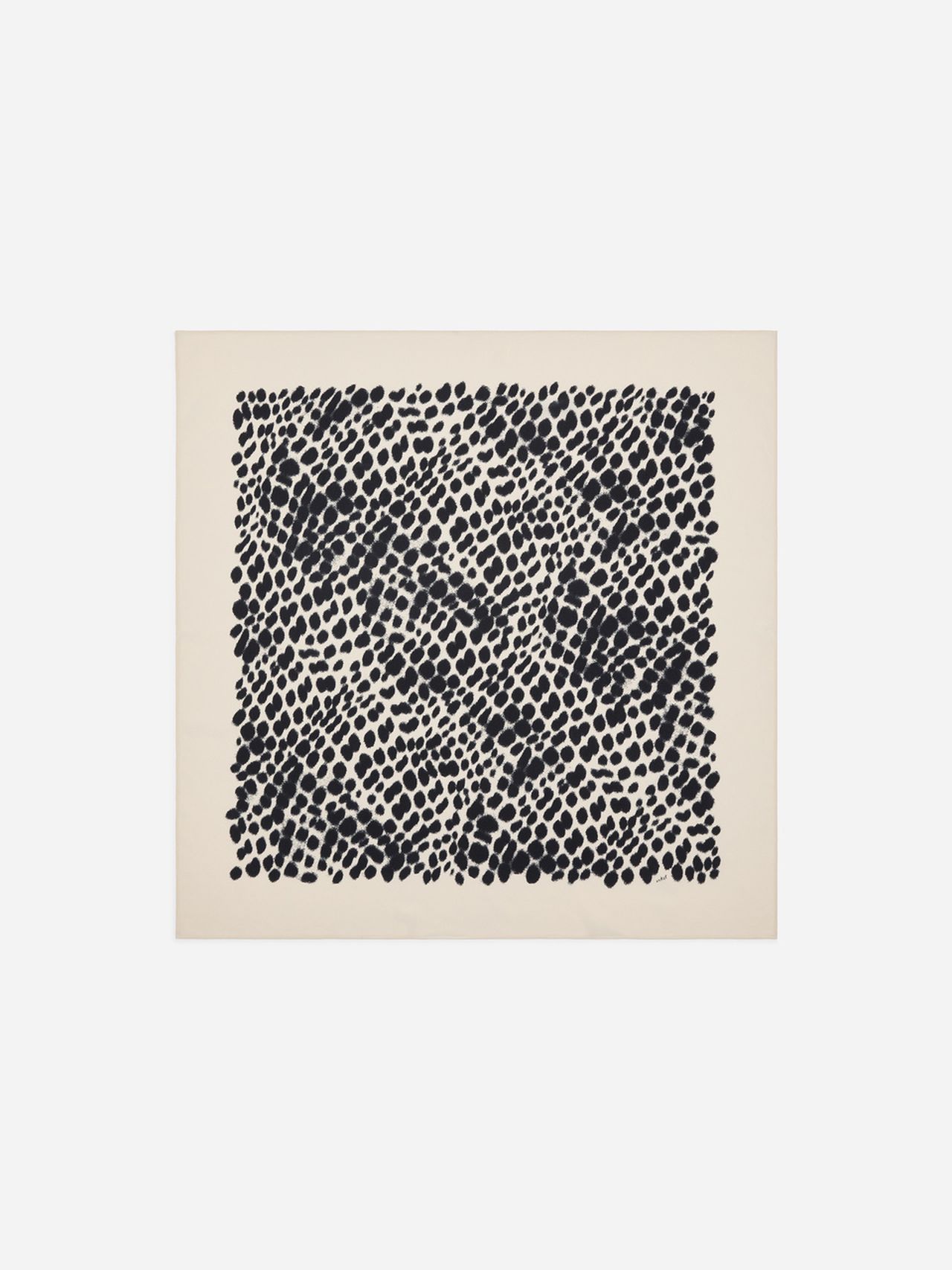 Abstract artwork with dense, irregular black dots on a white background, forming an uneven rectangular pattern.