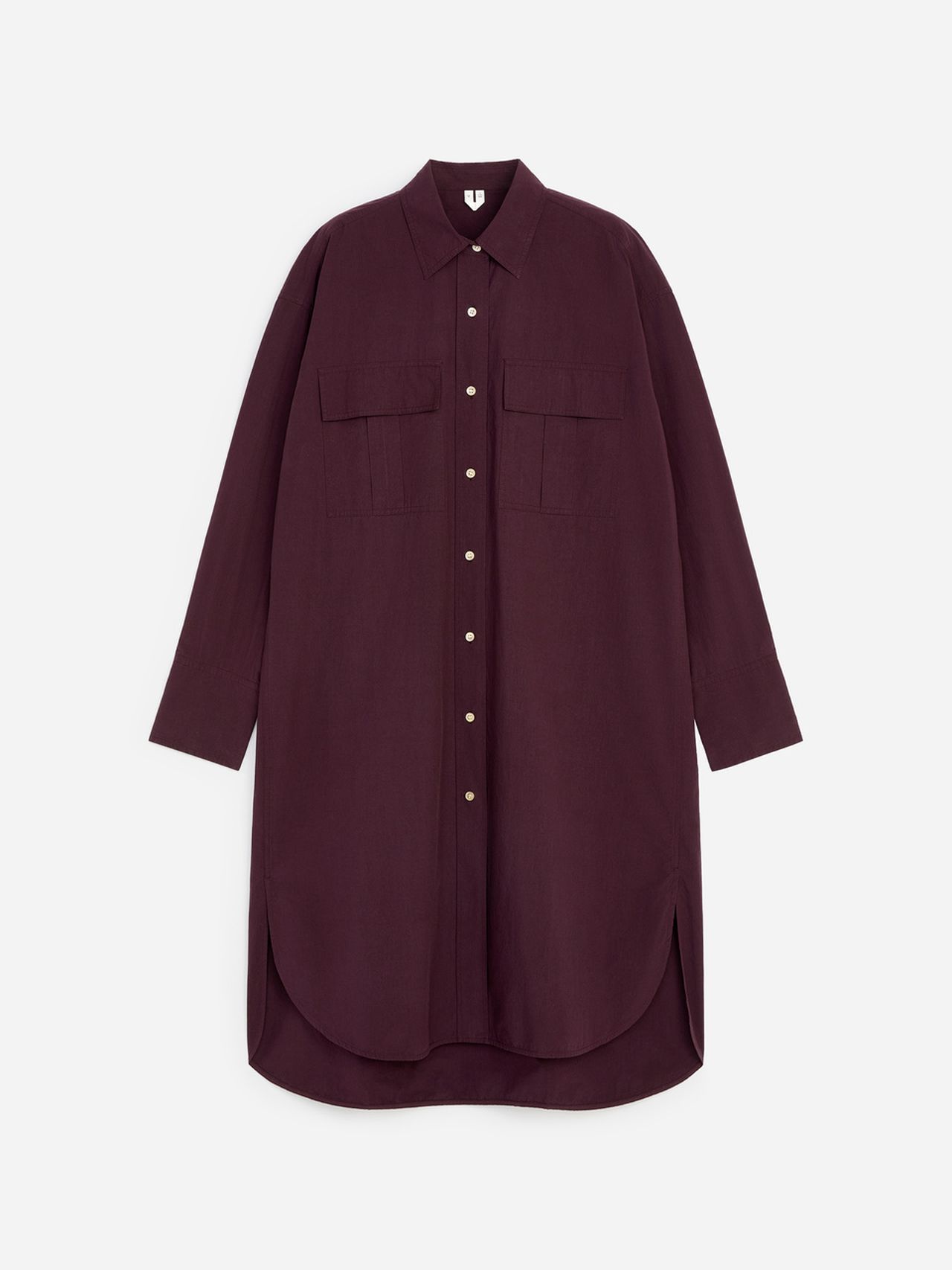 Dark purple long-sleeve shirt dress with a collar and button-down front, featuring chest pockets and a slightly curved hem.
