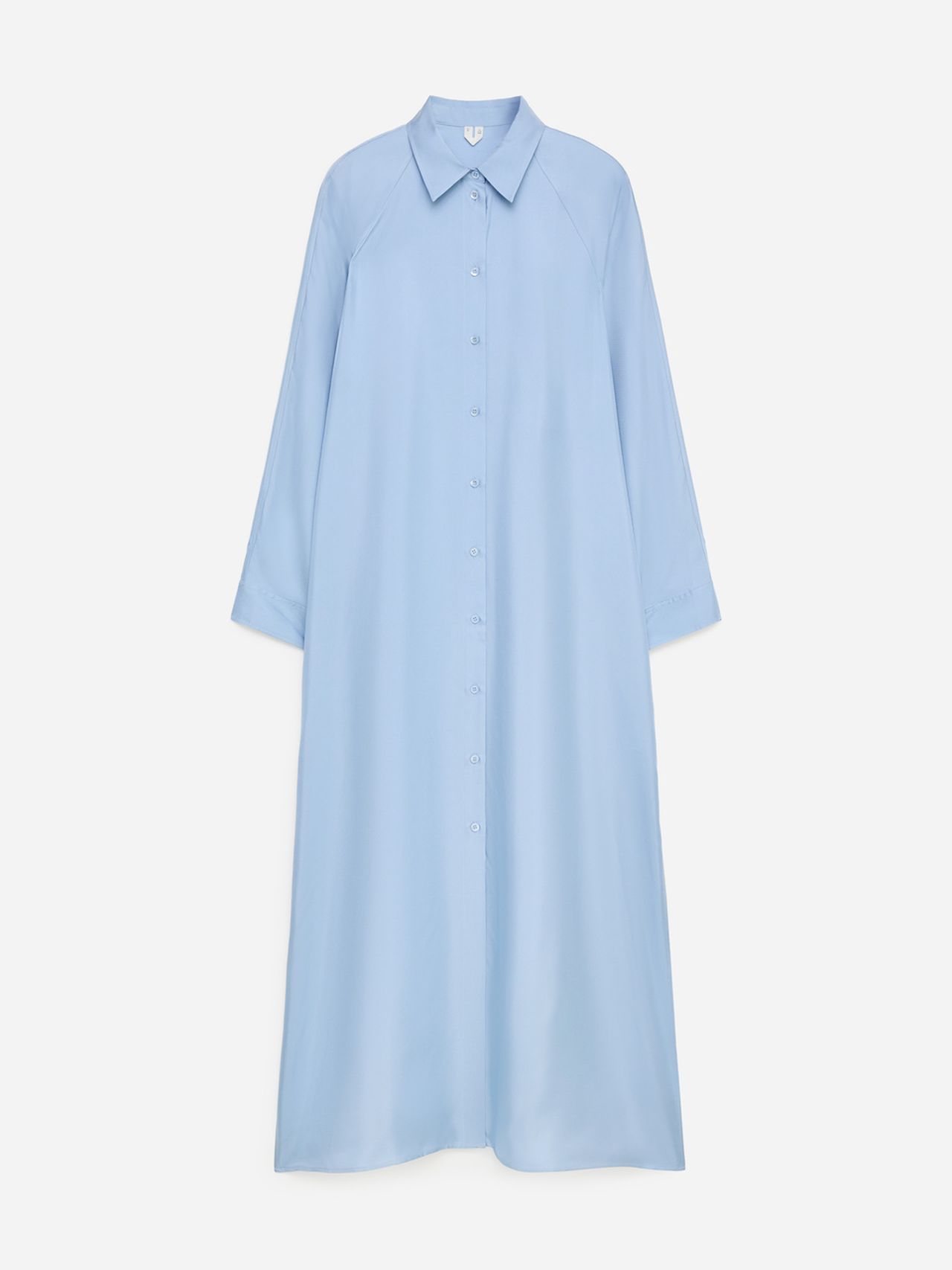 Light blue, long-sleeve shirt dress with a button-front design and a classic collar, displayed on a white background.