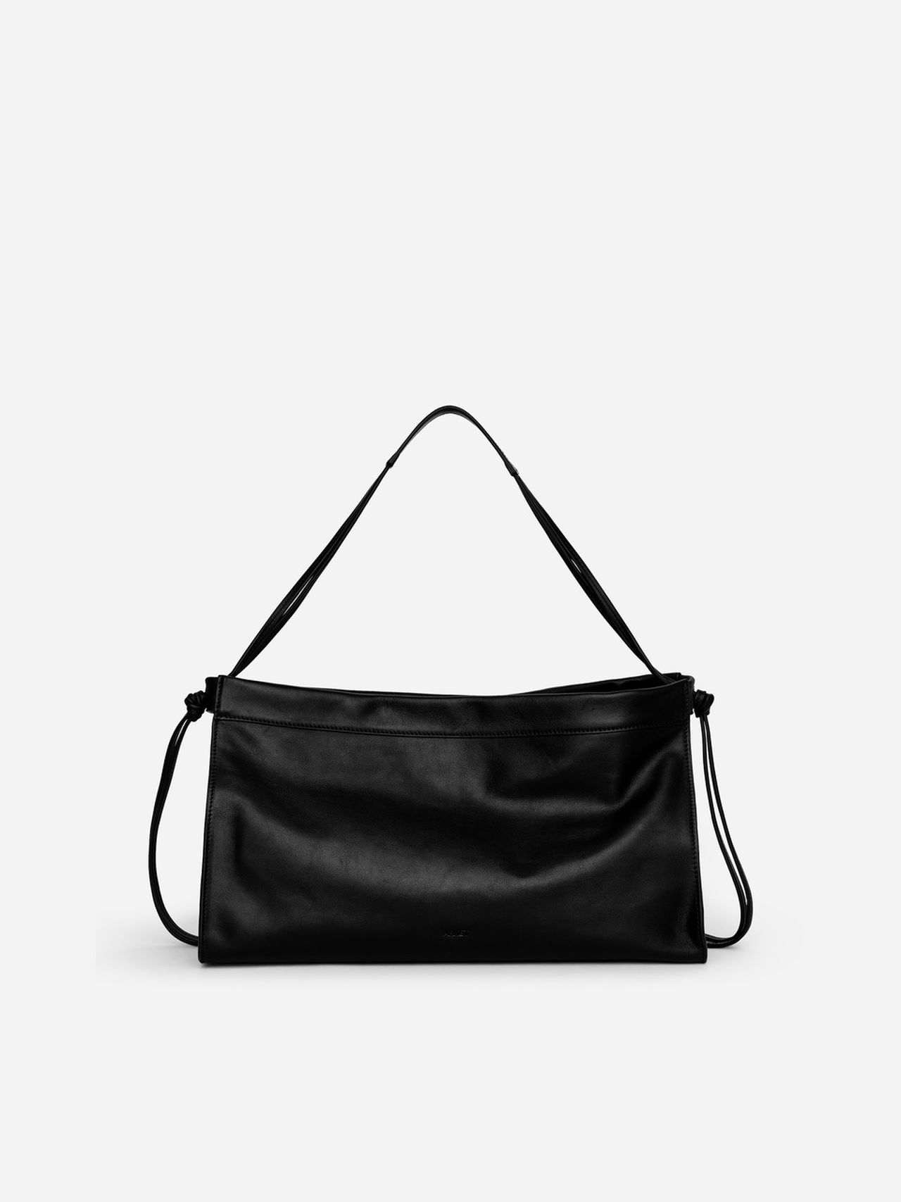 Black leather handbag with a long, adjustable strap on a white background. Simple and elegant design.