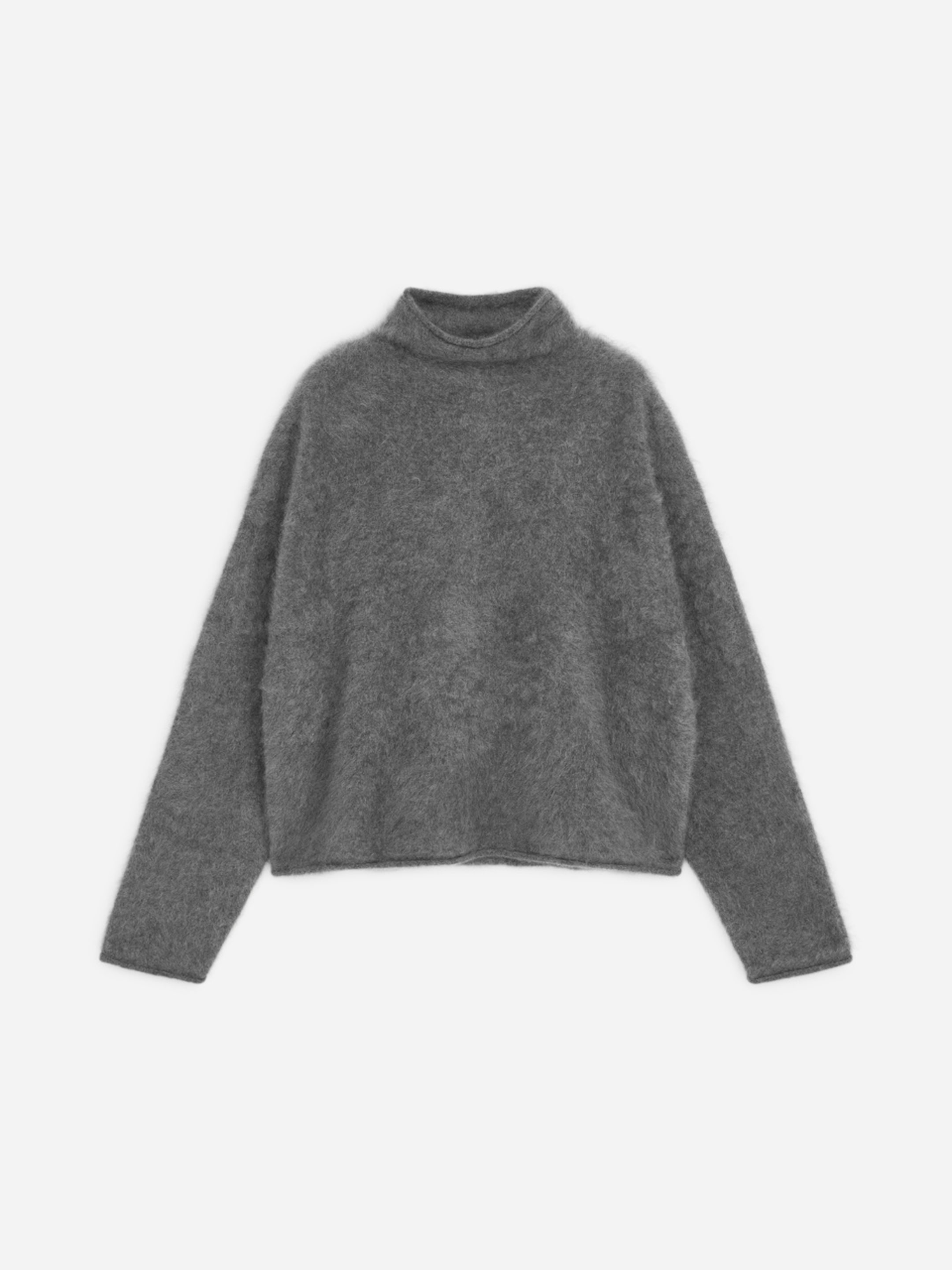 Gray fuzzy turtleneck sweater with long sleeves, laid flat on a plain white background.