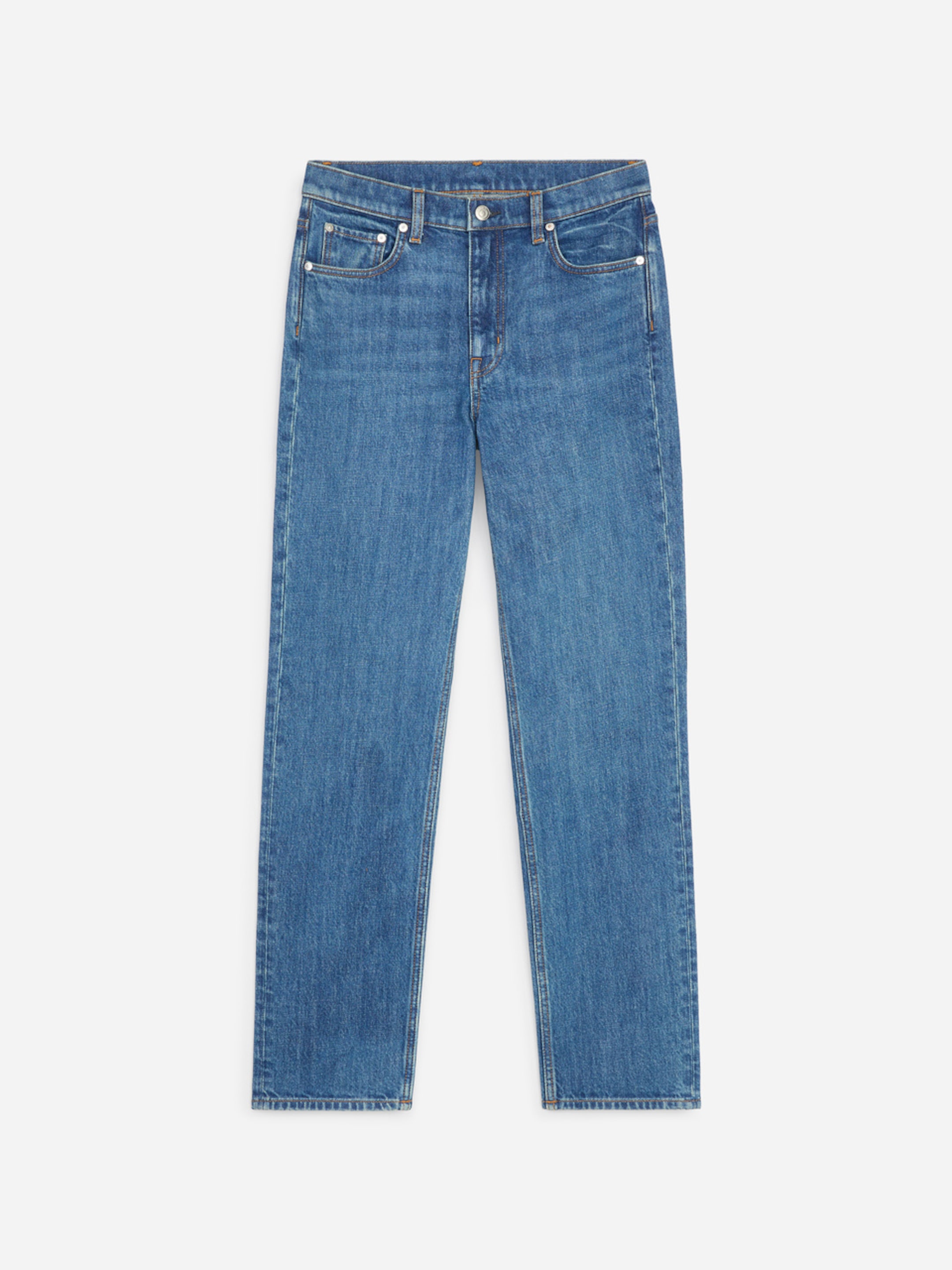 Blue denim jeans with a classic straight-leg design, featuring a button and zip closure, and five-pocket styling.
