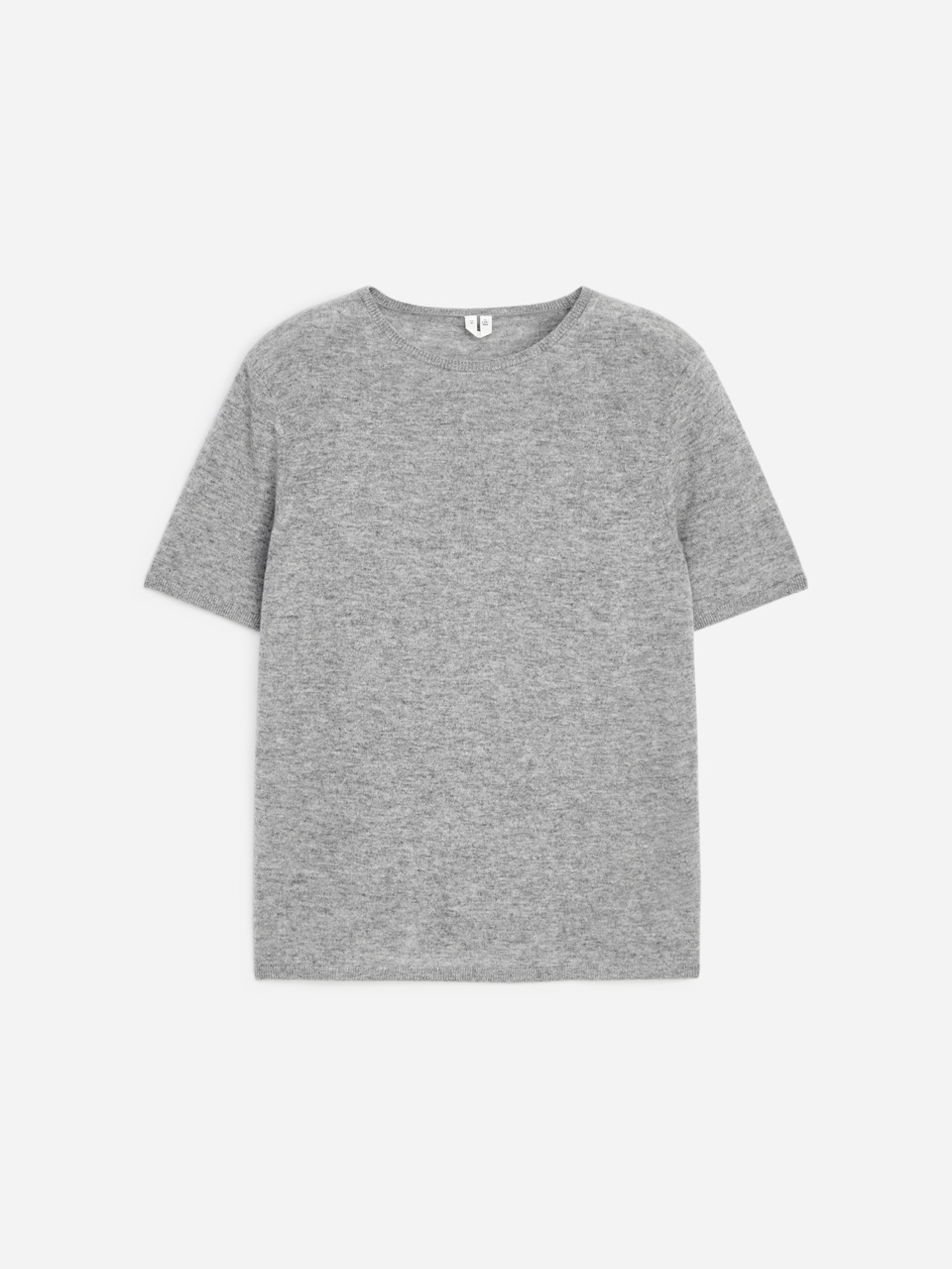 Gray T-shirt with short sleeves and a round neckline, displayed on a white background.
