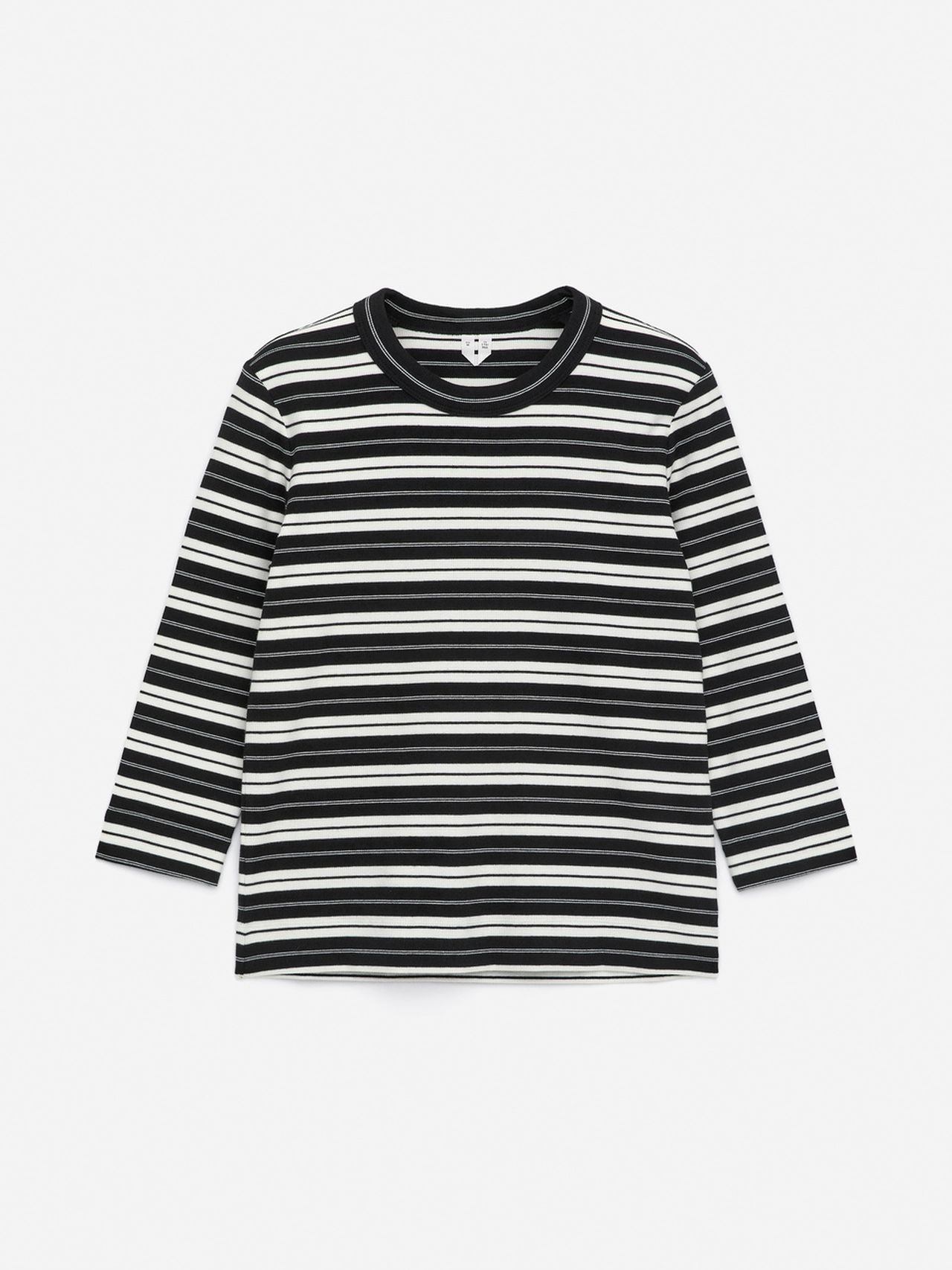 Black and white striped long-sleeve shirt with a round neckline, displayed on a plain white background.