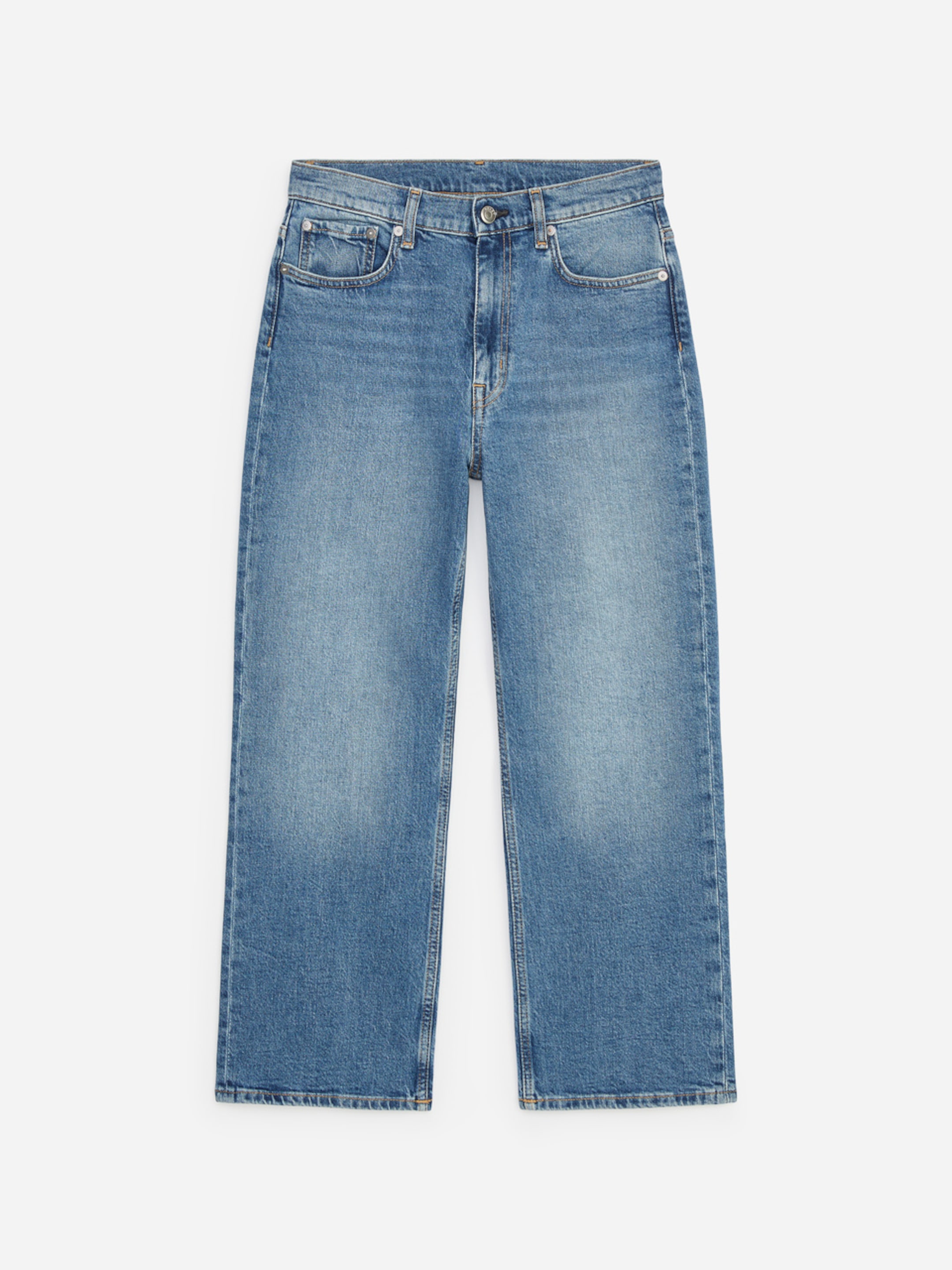 Blue straight-leg denim jeans with a classic five-pocket design, button closure, and subtle faded effect on a white background.