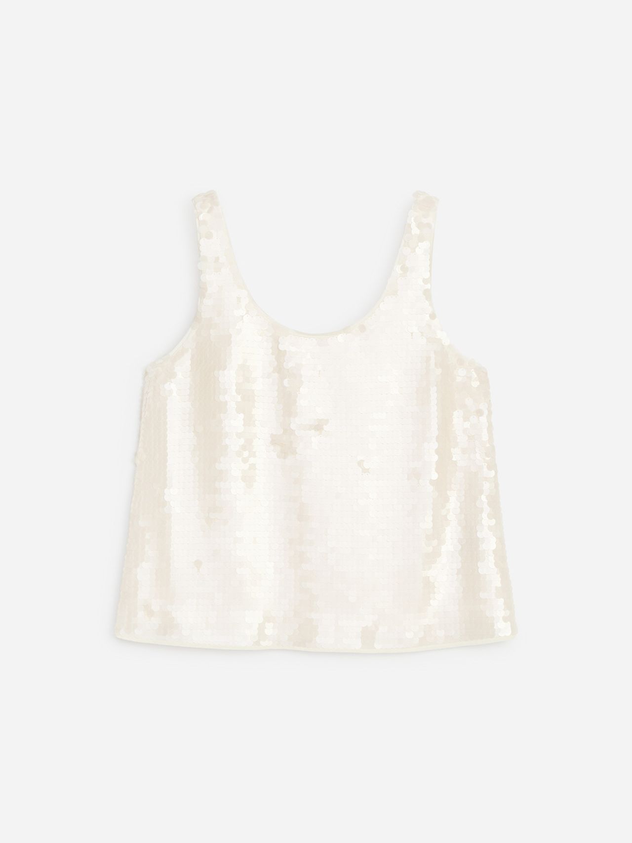 White sequined tank top with a scoop neckline, displayed on a plain light background.