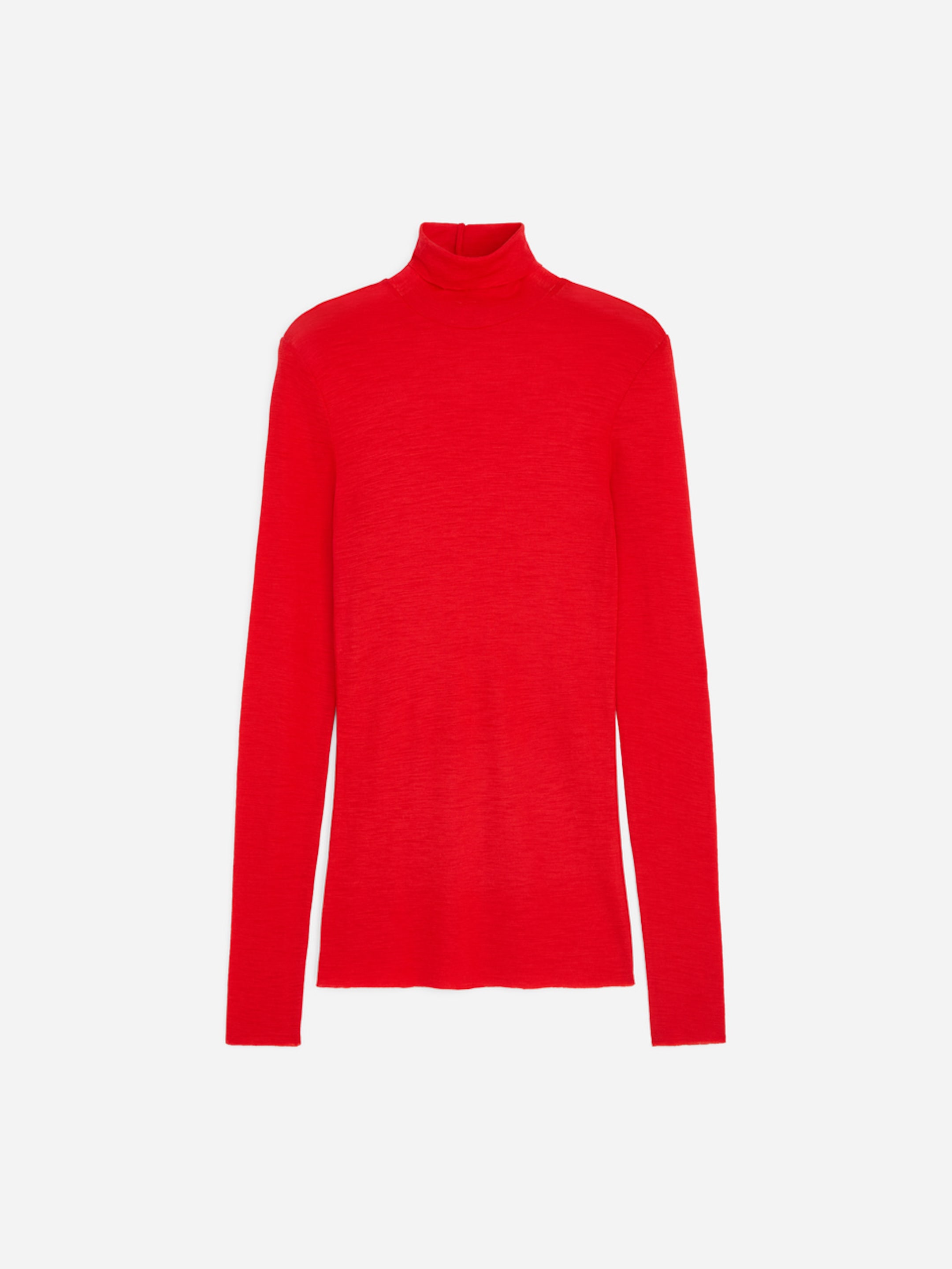 A vibrant red turtleneck sweater with long sleeves, displayed against a plain white background.