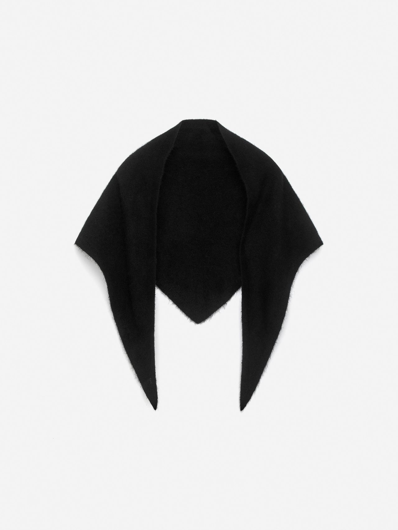 Black triangular scarf with pointed ends, displayed against a white background.
