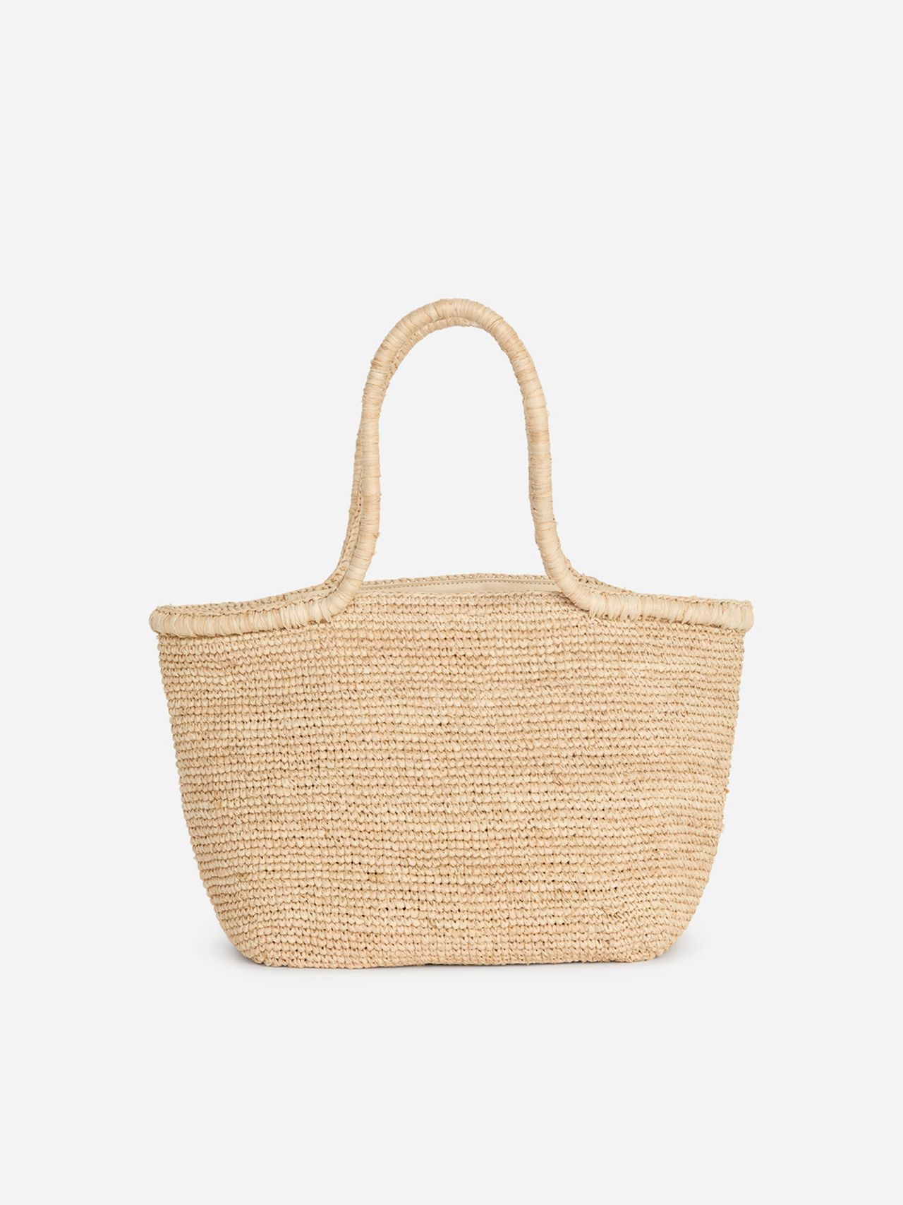 A woven straw tote bag with two handles, displayed against a plain white background.