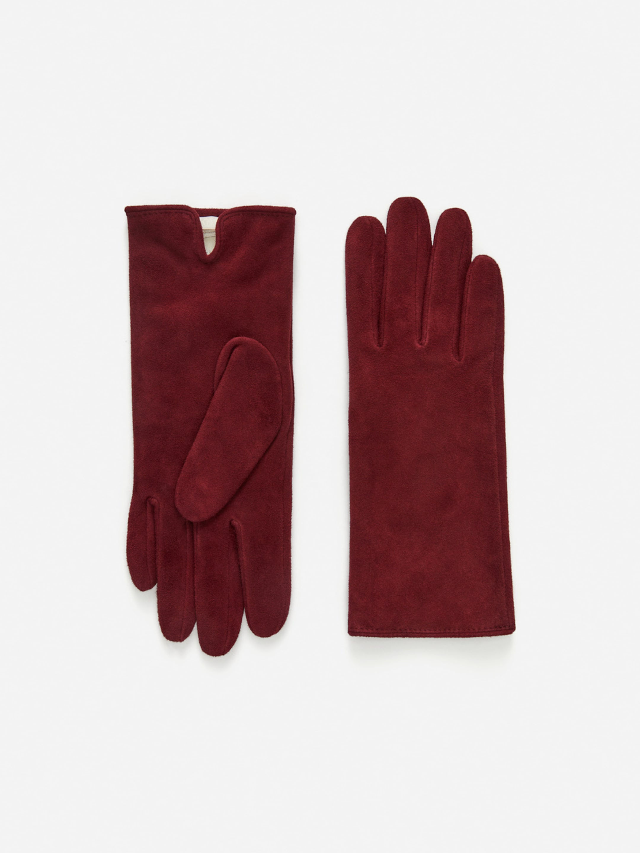 A pair of burgundy suede gloves, one showing the palm side and the other the back, displayed on a plain white background.