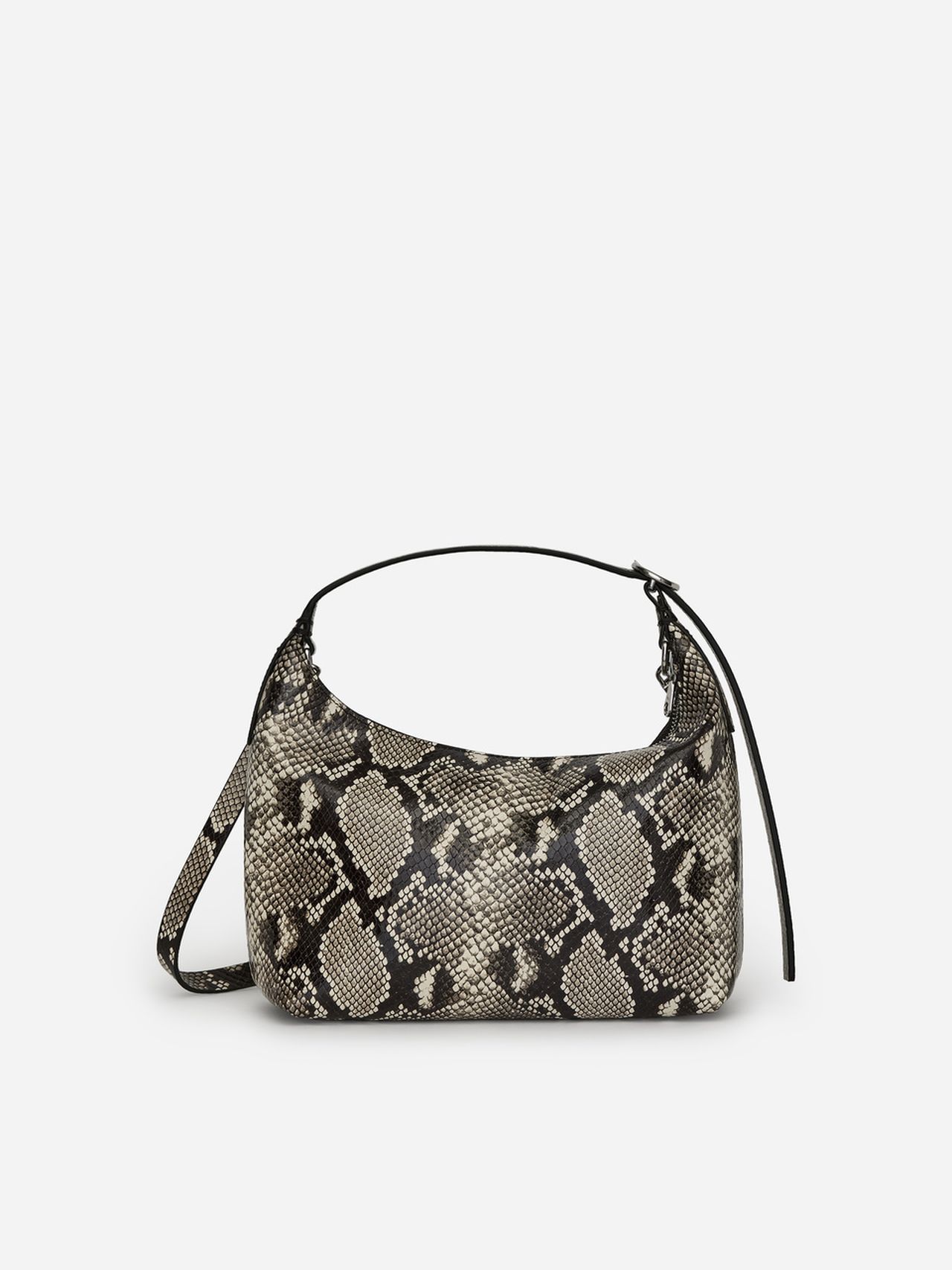Snakeskin-patterned handbag with a short strap, featuring a curved top and a sleek design, set against a plain white background.