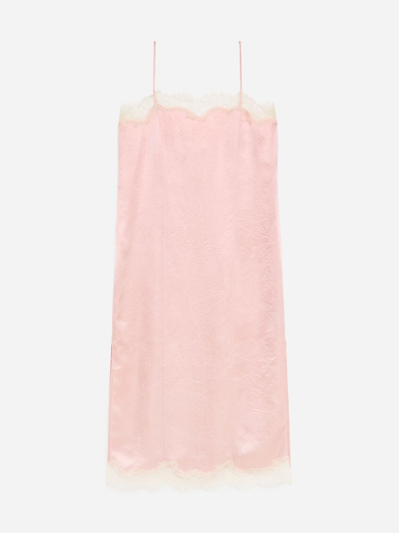 Pink satin slip dress with delicate lace trim on the neckline and hem, featuring thin spaghetti straps.