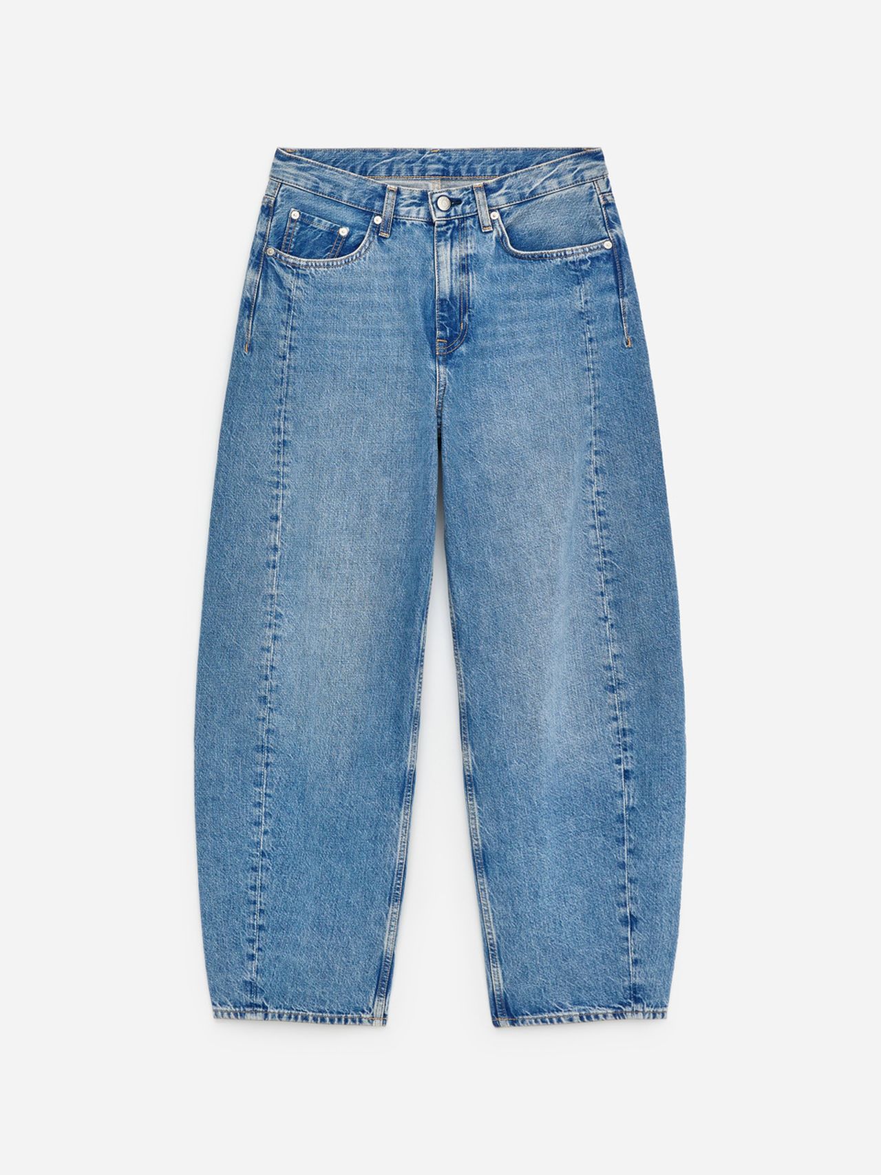 Blue wide-leg jeans with a high waist and five-pocket design, displayed on a plain white background.