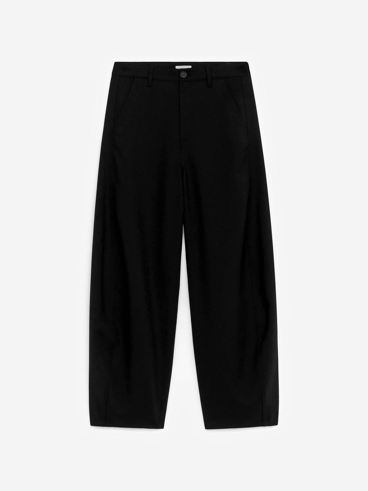 Black cropped trousers with belt loops, front pockets and button closure, laid flat on a white background.