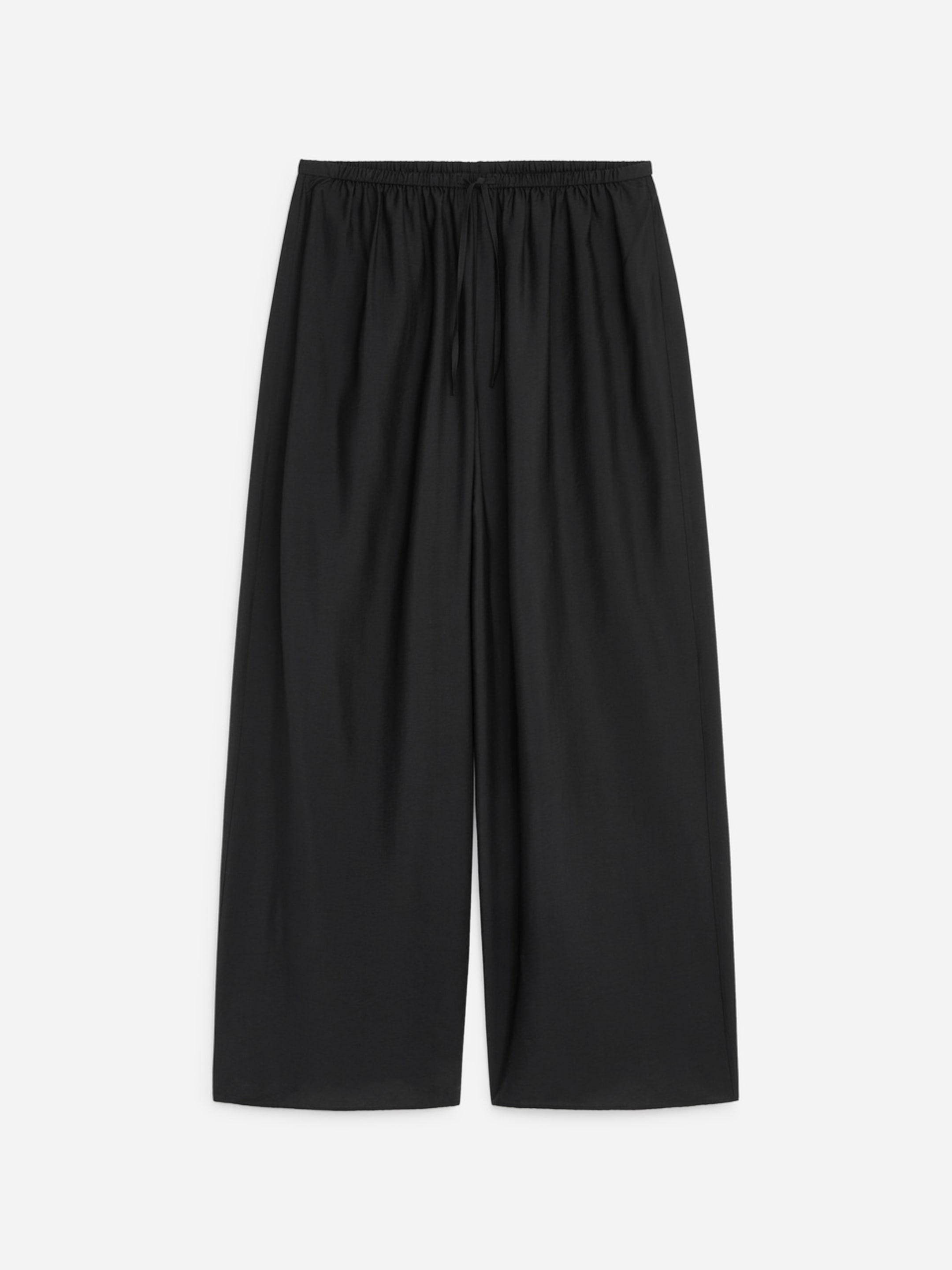 Black wide-leg pants with an elastic waistband and drawstring, displayed against a white background.