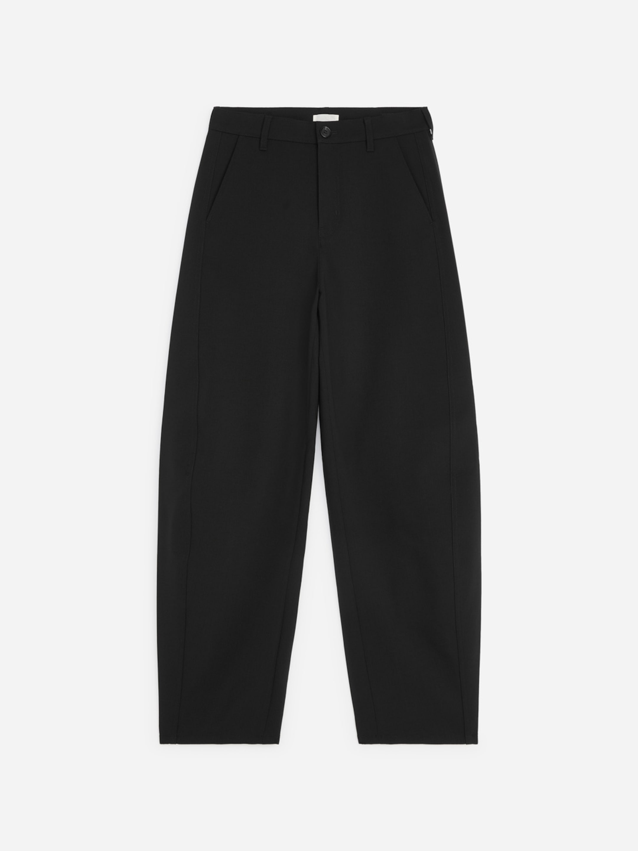Black trousers with a straight-leg fit, button and zip closure, and belt loops, neatly displayed against a plain white background.