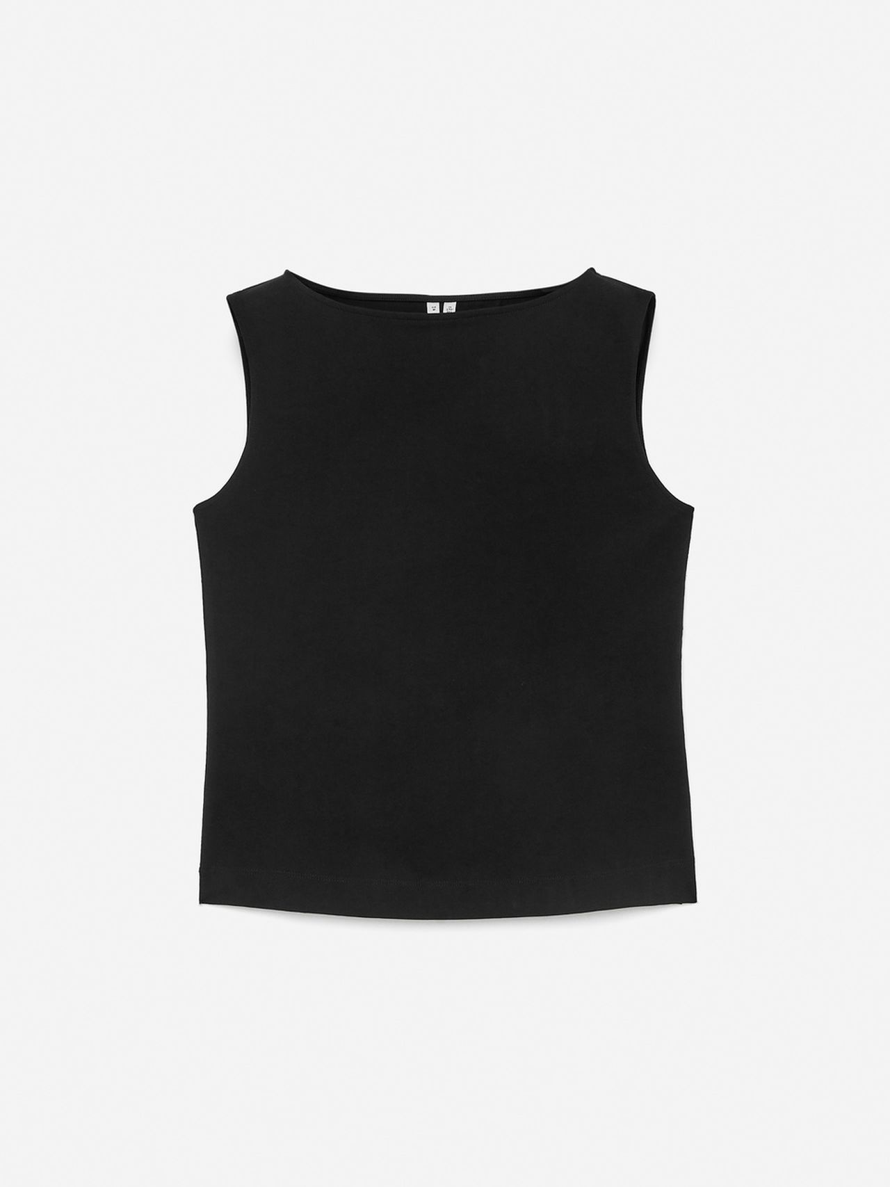 Simple black sleeveless top with a round neckline, laid flat against a white background.