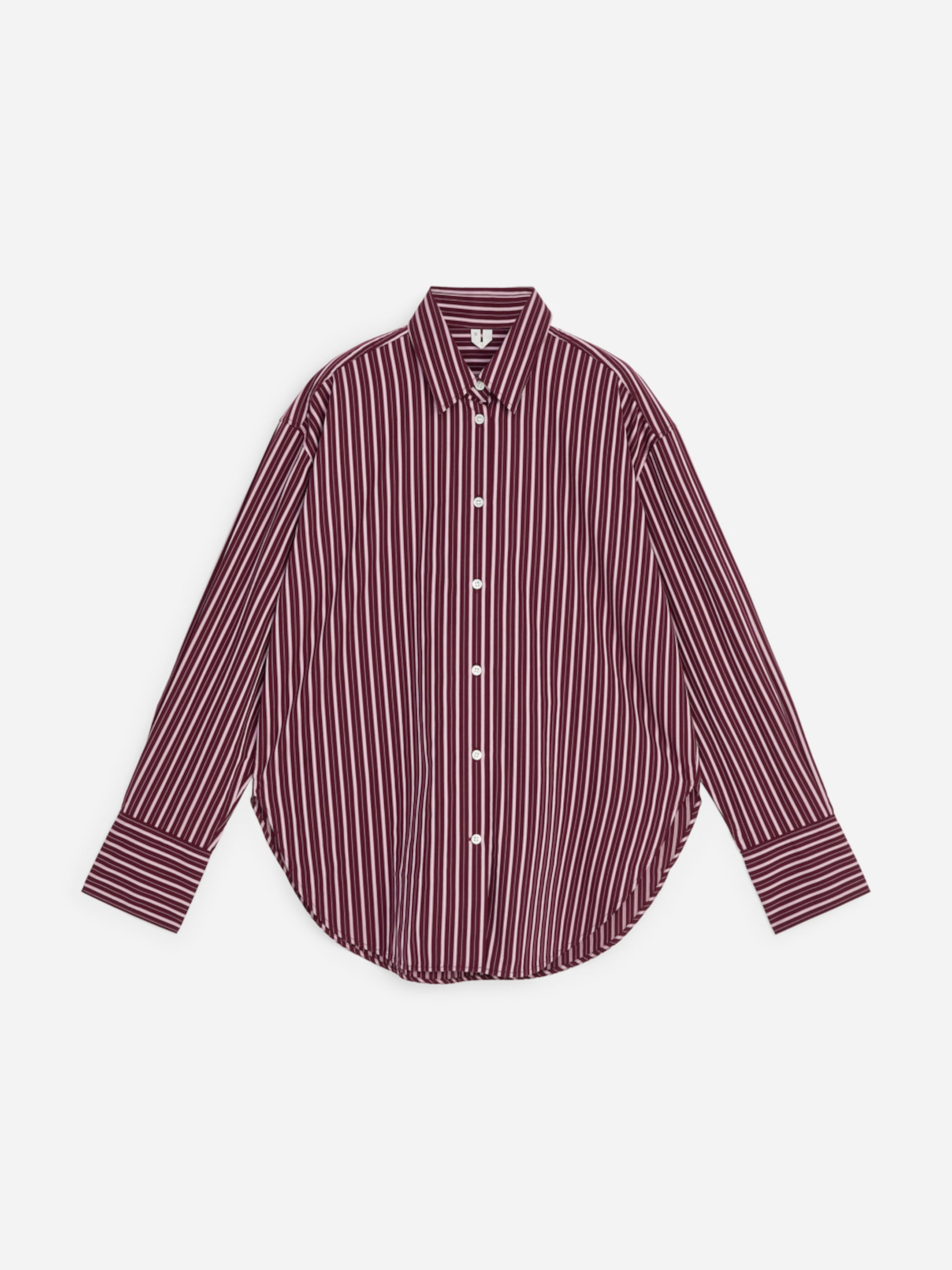 Burgundy and white vertically striped long-sleeve button-up shirt with a curved hem and spread collar.