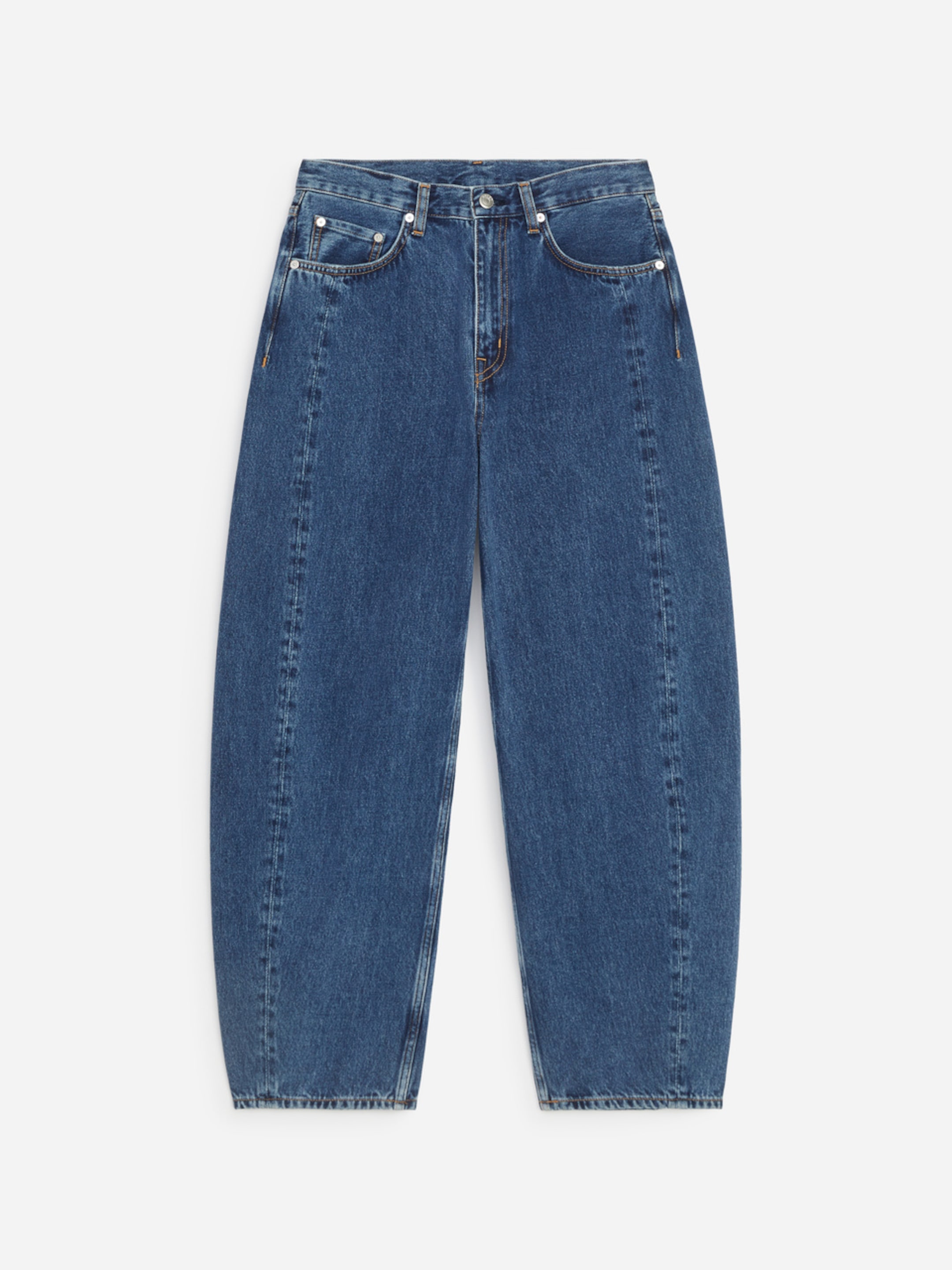 Blue denim jeans with a high waist and straight leg cut, featuring traditional five-pocket styling and button closure.