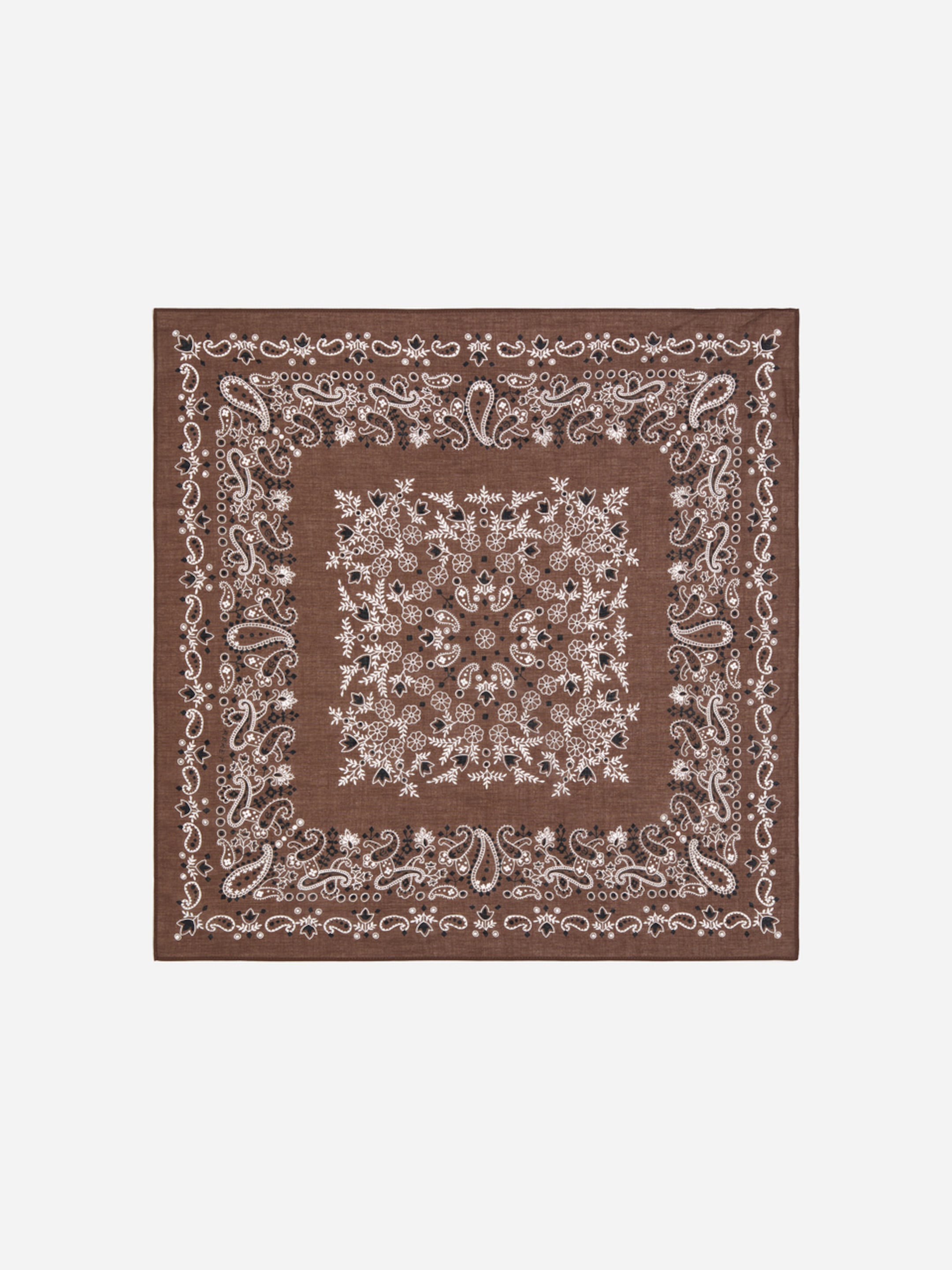 A brown bandana with an intricate white paisley pattern and border, set against a plain background.
