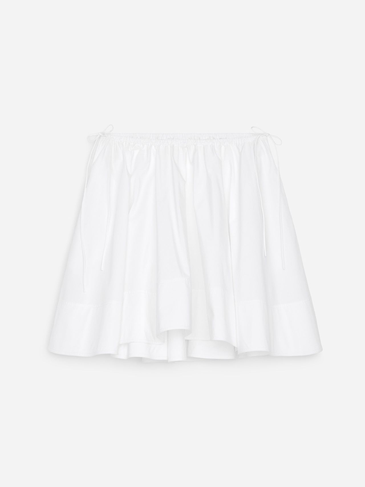 White A-line skirt with an elastic waistband and drawstring ties, featuring a layered and gathered design for a voluminous look.