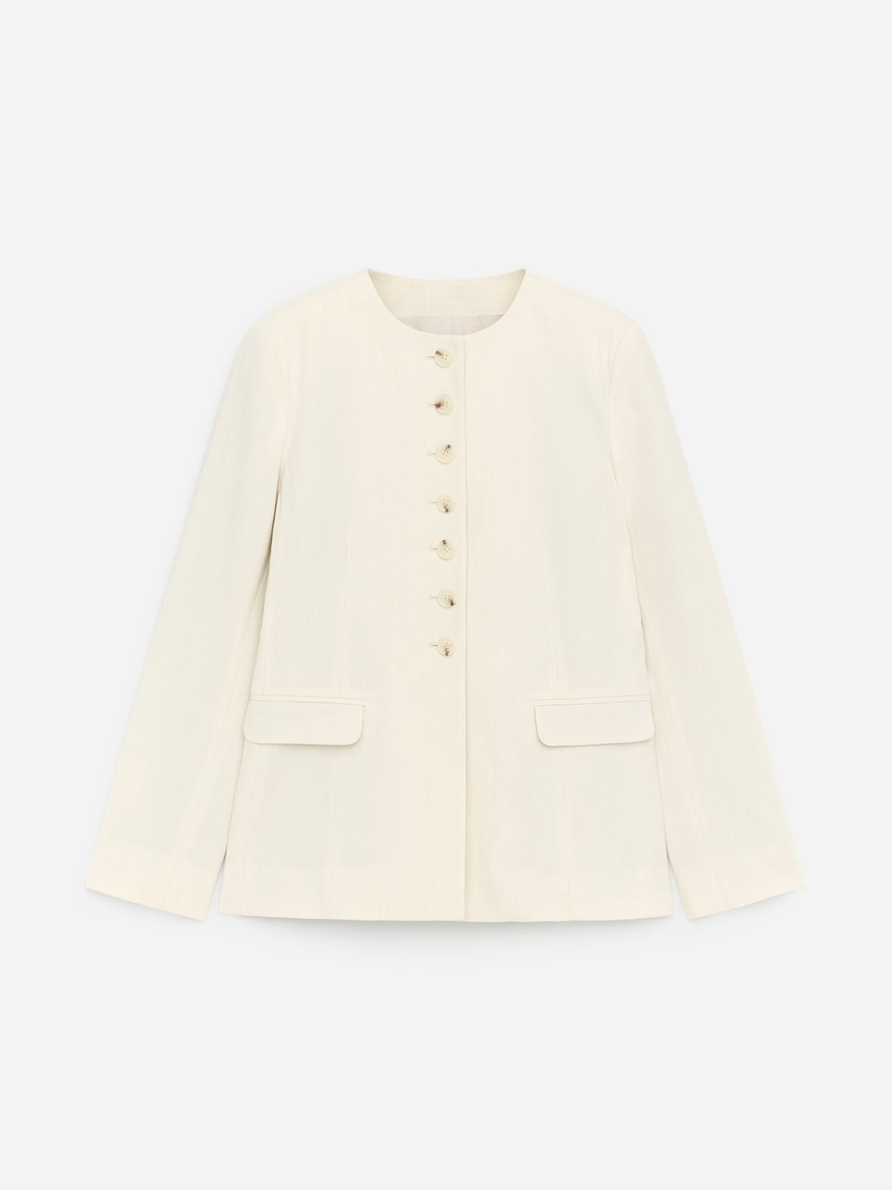 Cream-colored, long-sleeve jacket with a round neckline, button-up front, and two front pockets.