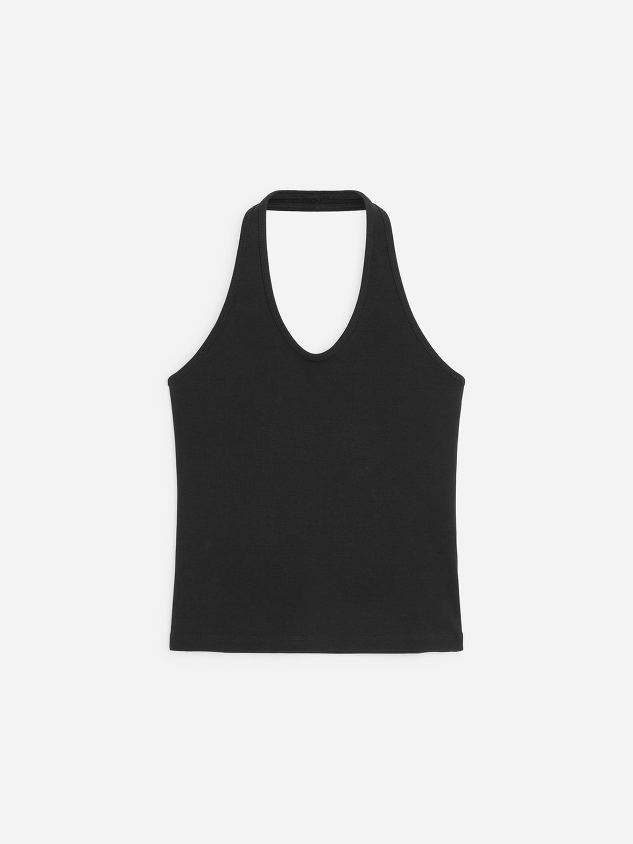Black halter neck tank top with a simple design, displayed against a white background.