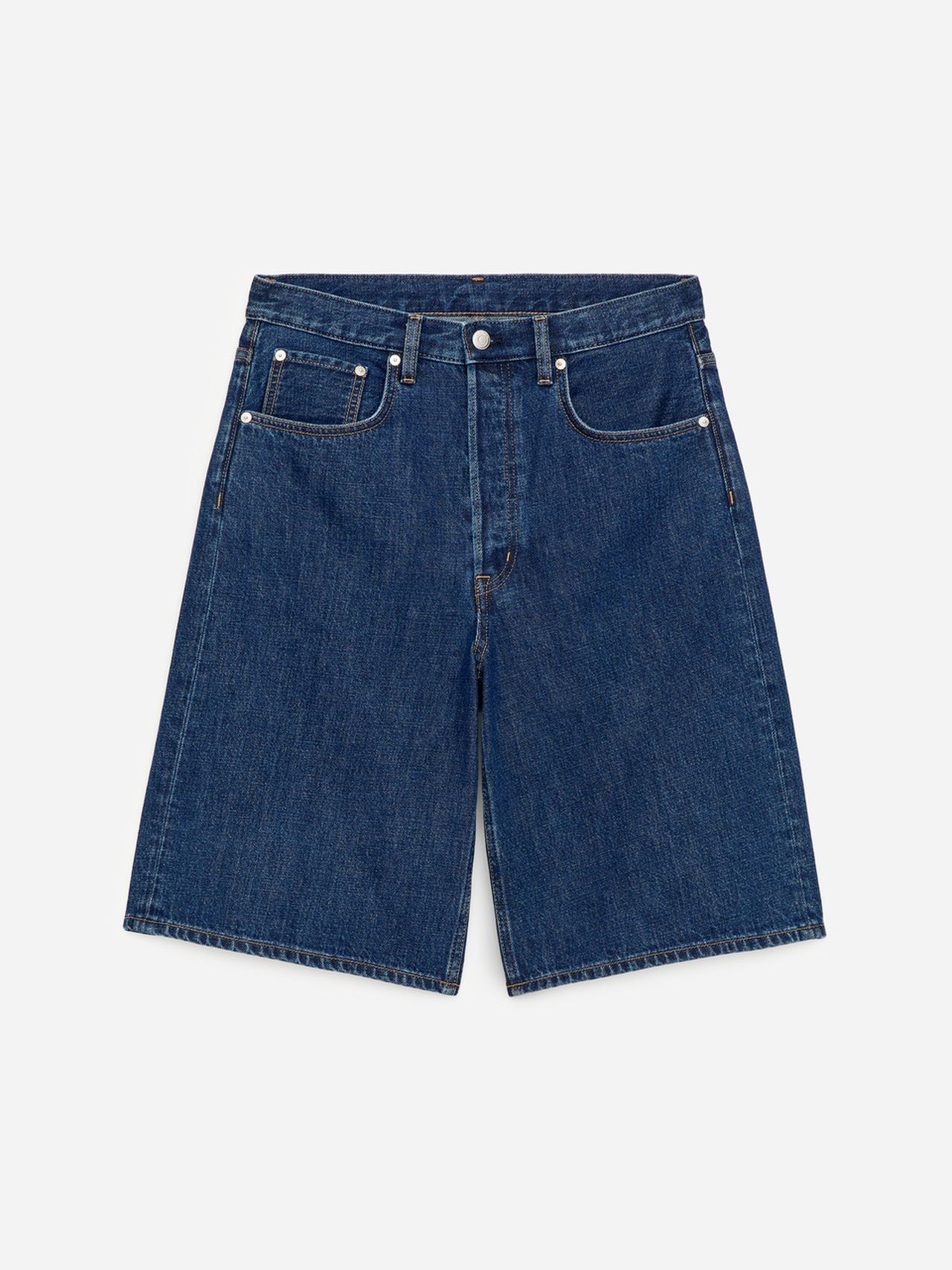 Denim shorts with a classic five-pocket design, button closure, and straight-leg cut on a white background.