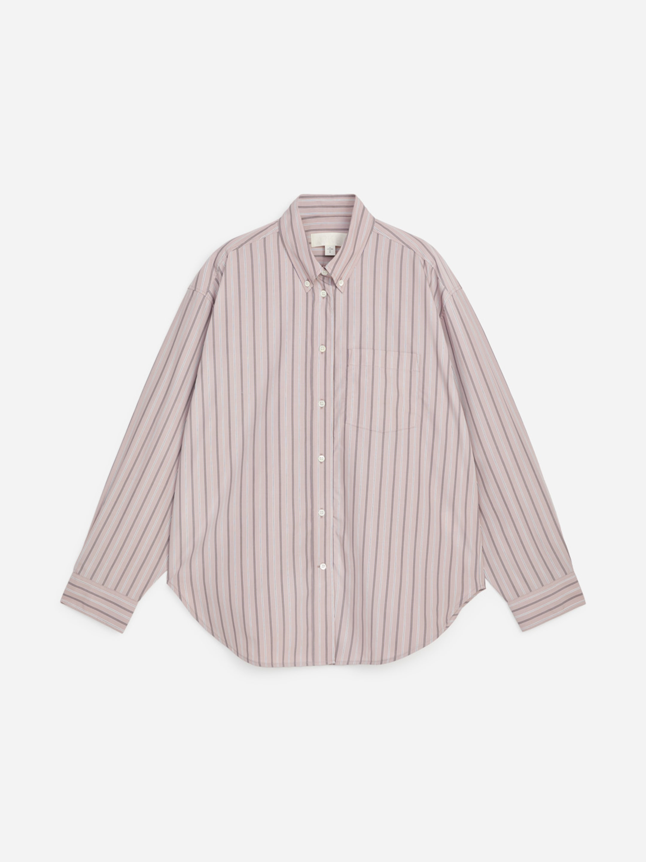 A long-sleeved, button-down shirt with pink and white vertical stripes, featuring a front pocket and a classic collar, laid flat on a white background.