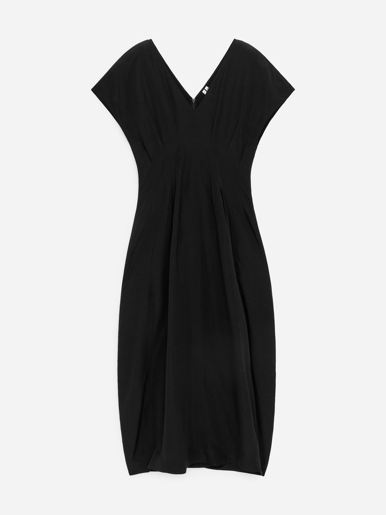 Black V-neck dress with short sleeves and a flowing, gathered skirt, displayed against a white background.