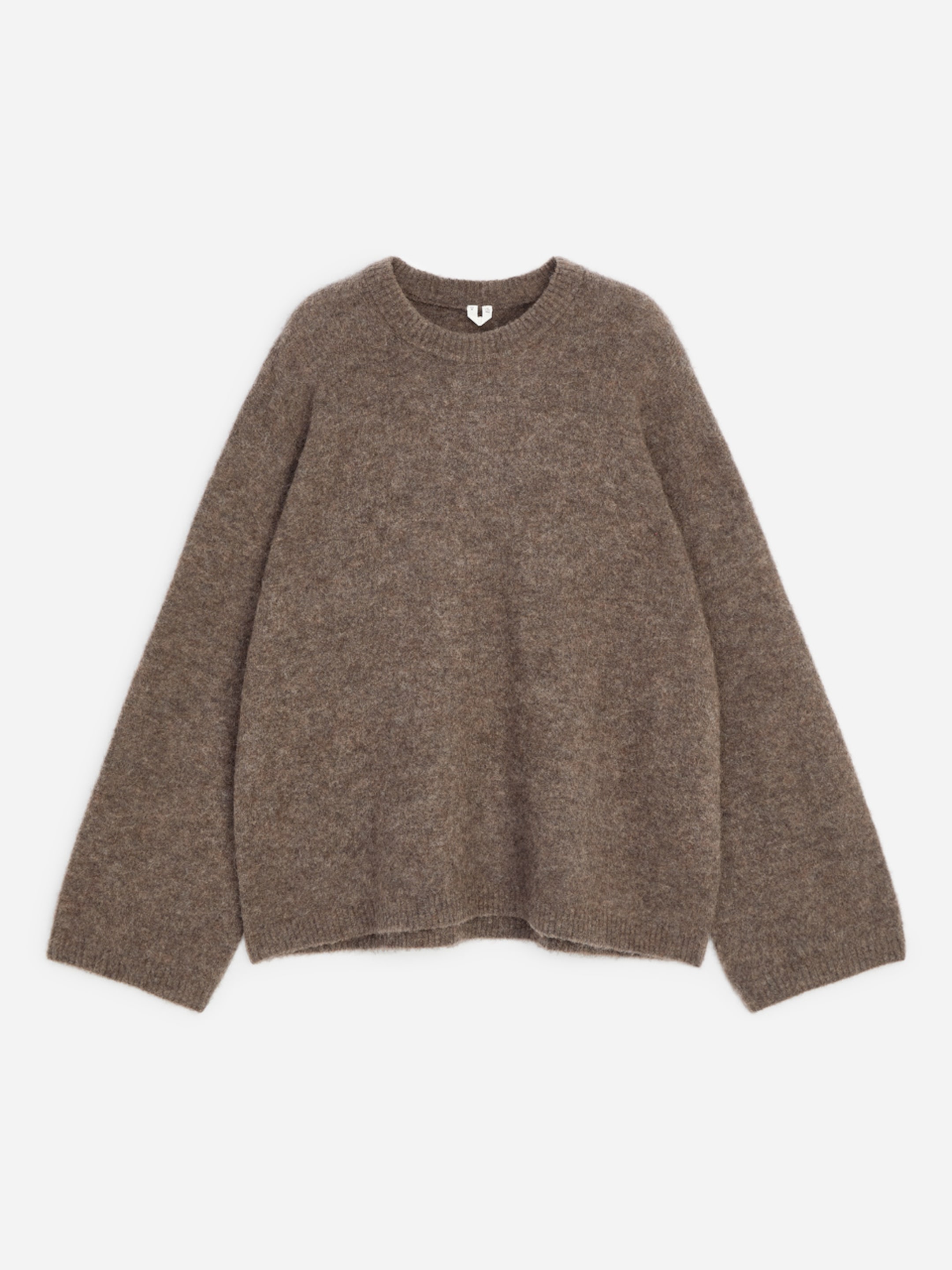 Brown wool sweater with long sleeves and a crew neckline, displayed on a white background.