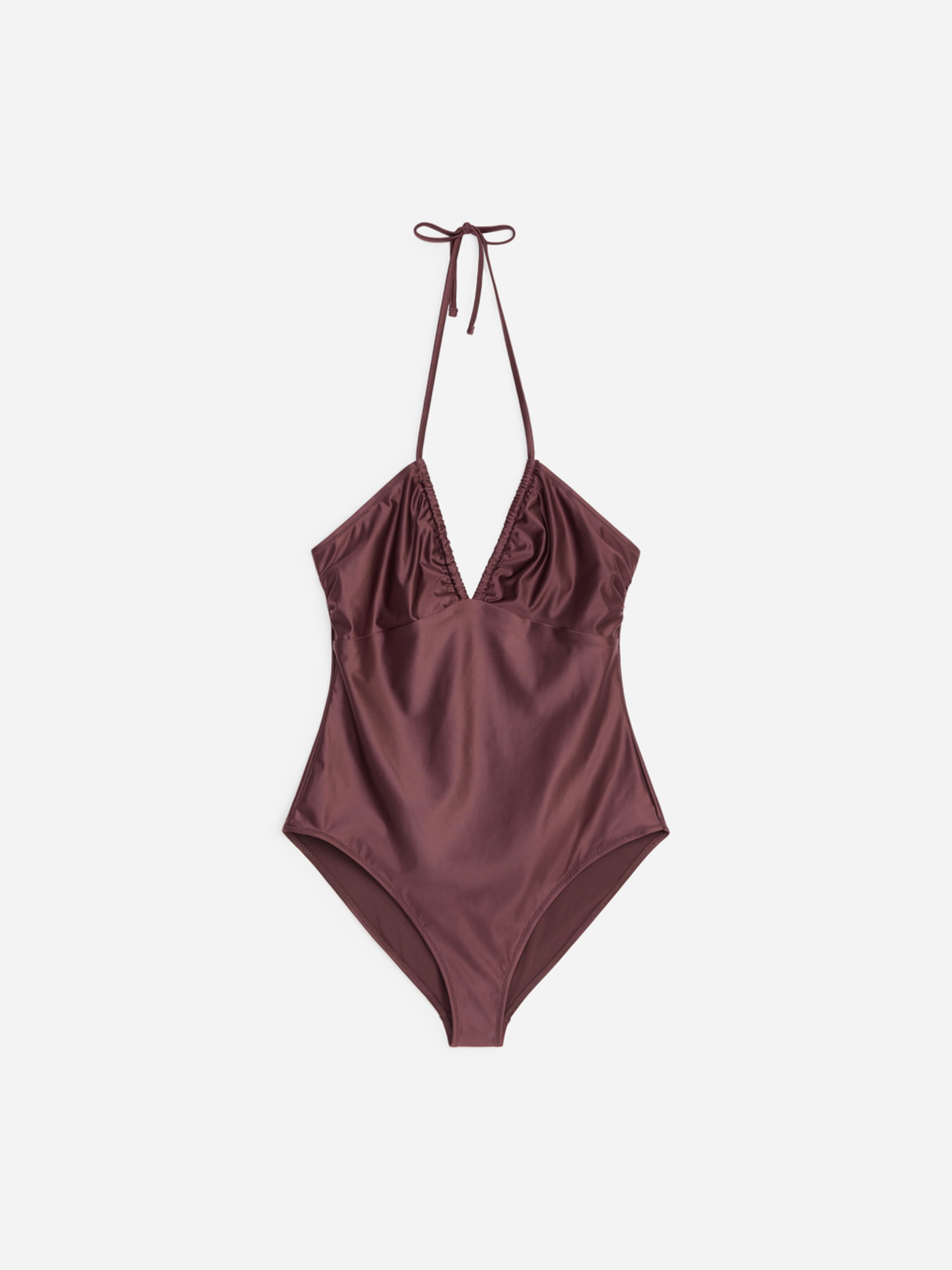 Brown satin halter-neck one-piece swimsuit with a V-neckline and ruched detailing, displayed on a white background.