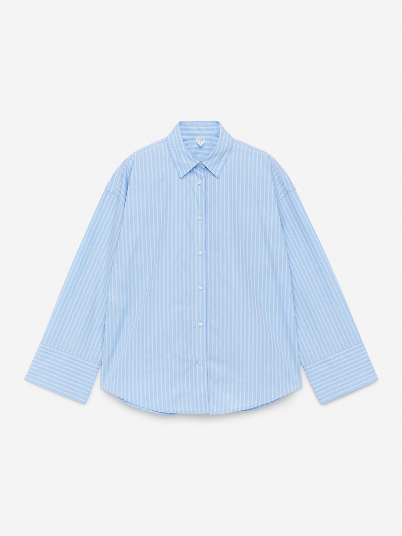 Light blue button-up shirt with white vertical pinstripes, long sleeves and wide cuffs, spread collar, laid flat on white background.