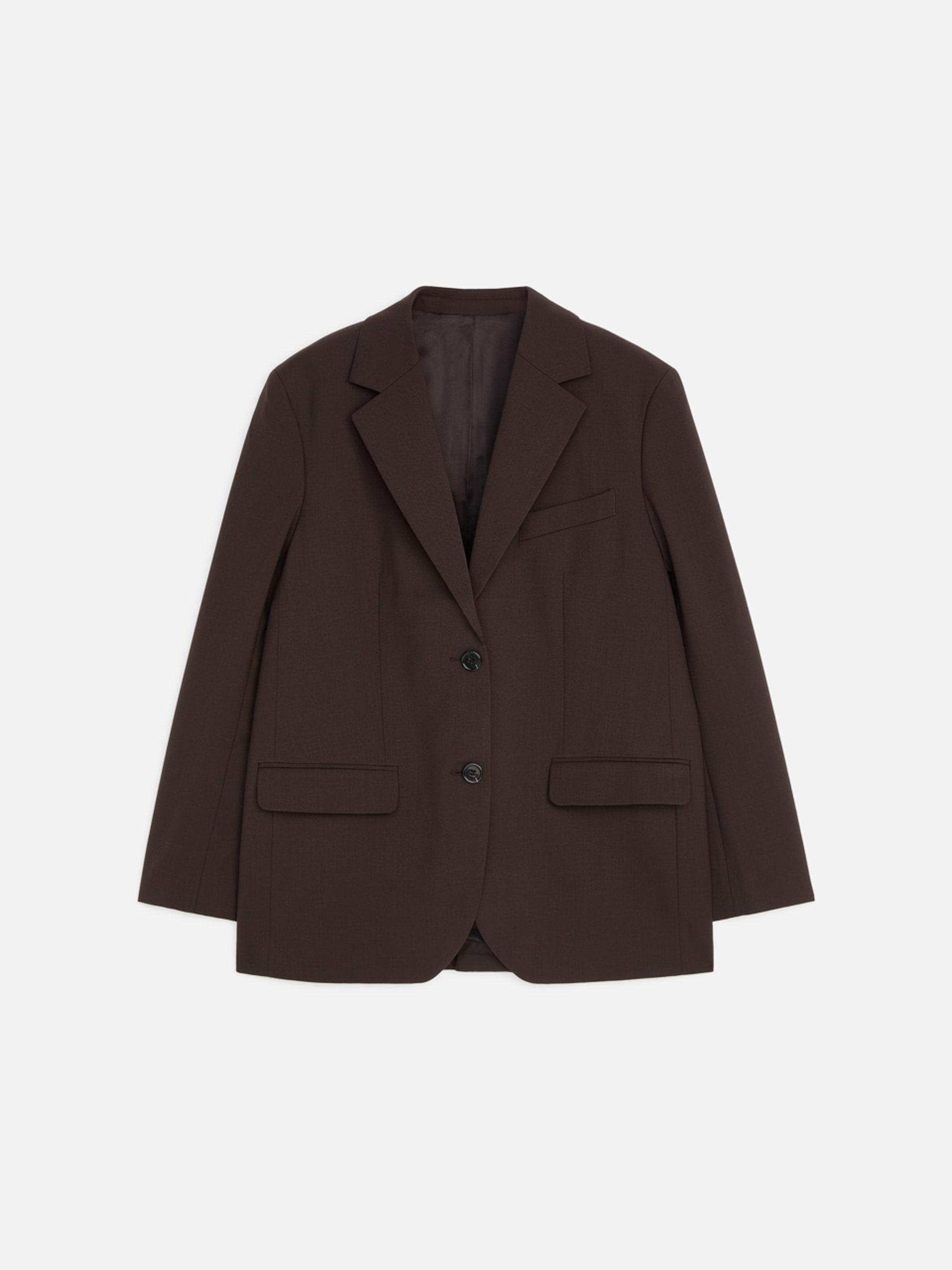 Dark brown blazer with a classic two-button design, featuring notched lapels and front flap pockets, neatly displayed on a white background.