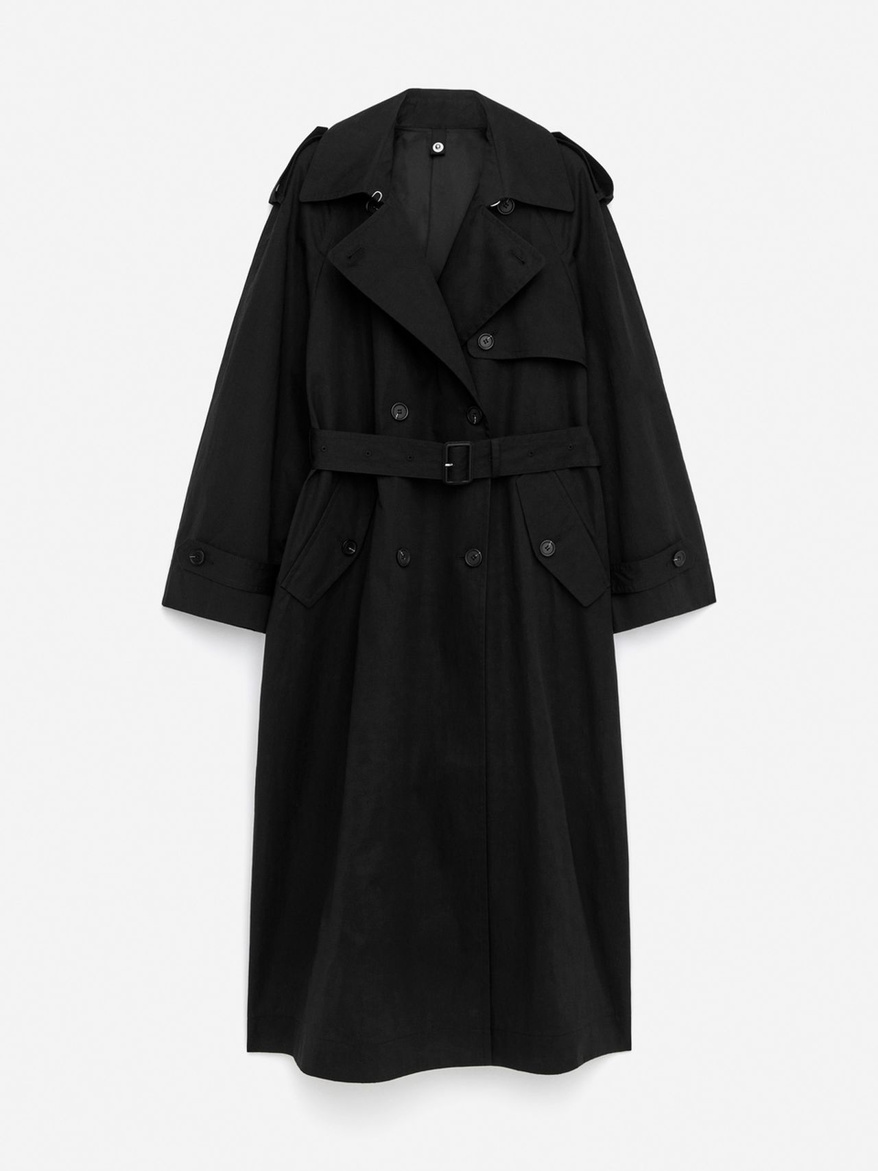 Black trench coat with double-breasted buttons, a belted waist, and shoulder epaulets, displayed on a plain white background.