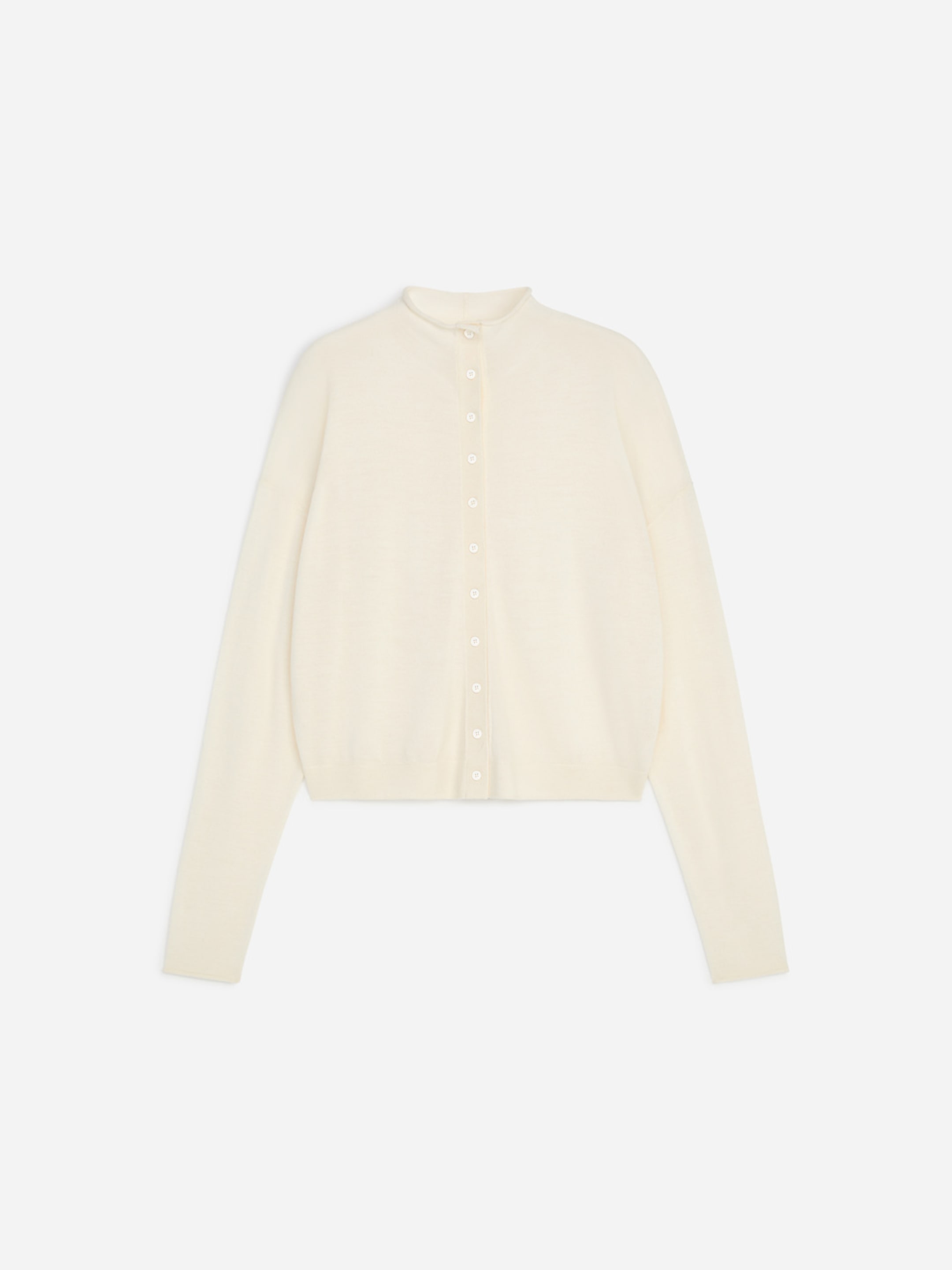 A cream-colored, long-sleeve cardigan with a button-up front, displayed on a white background.