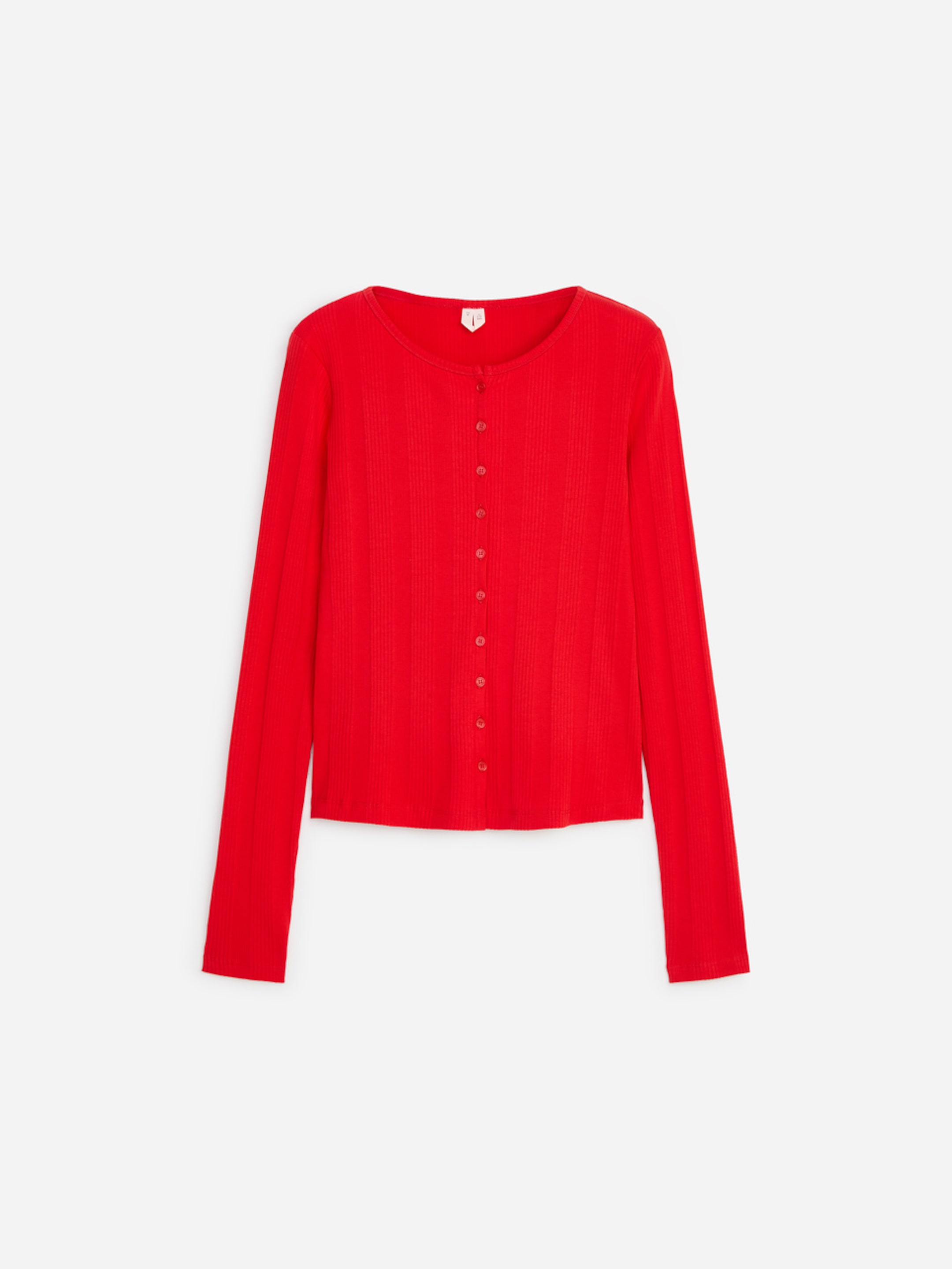 Red ribbed cardigan with long sleeves and a button front, displayed on a plain white background.