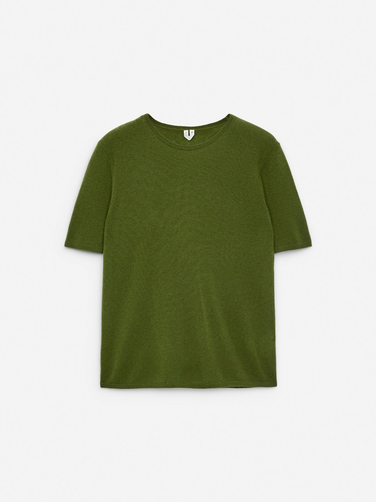 Green short-sleeve T-shirt on a plain white background, featuring a round neckline and a simple, classic design.