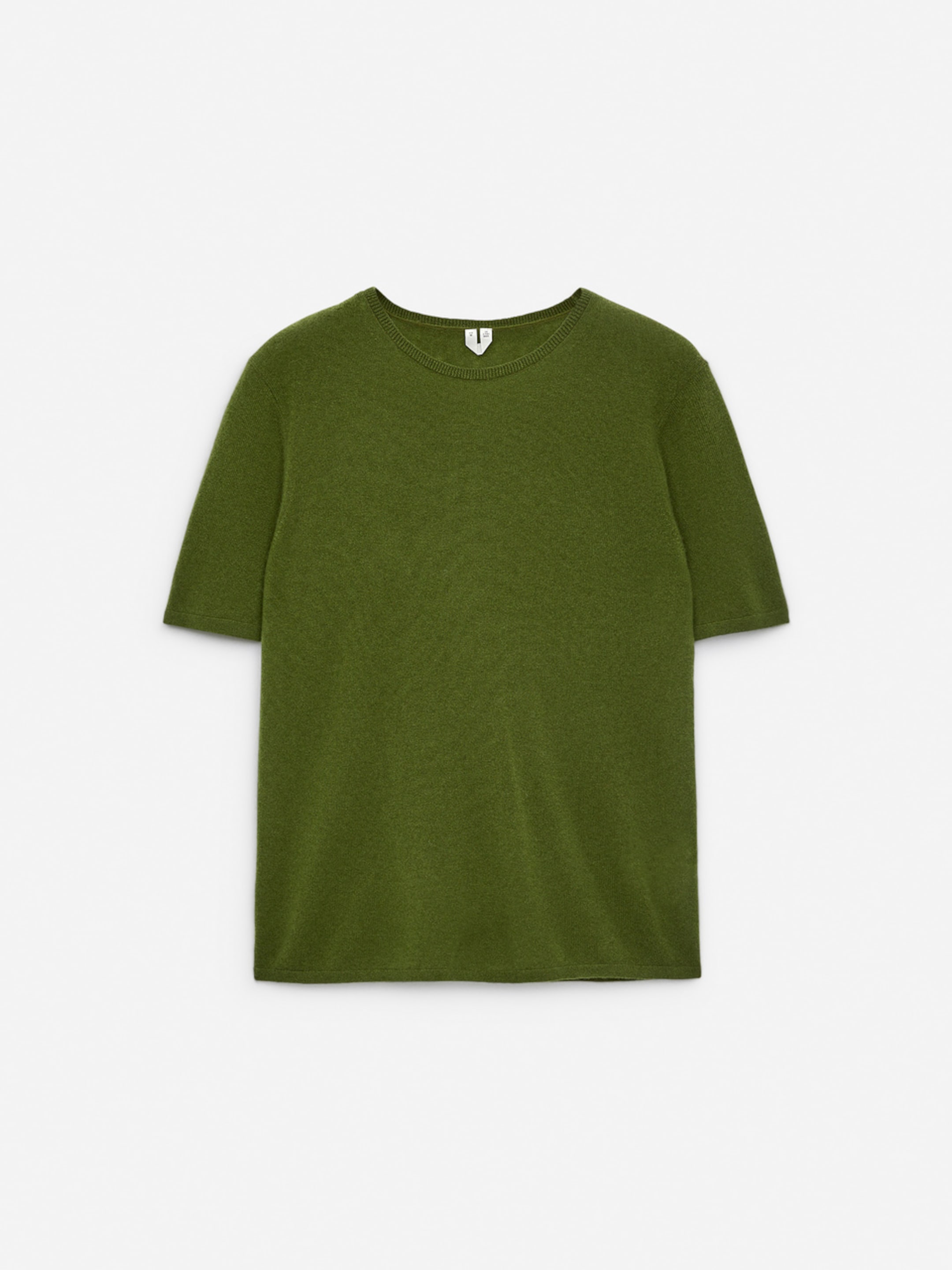 Green short-sleeve T-shirt on a plain white background, featuring a round neckline and a simple, classic design.