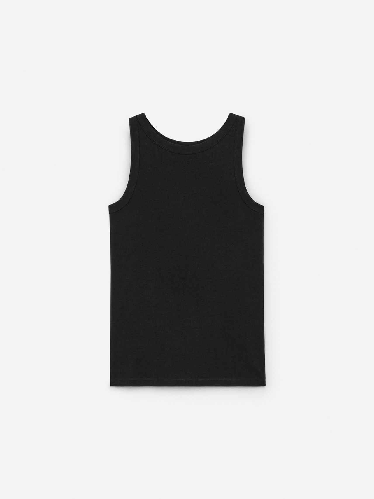 Black sleeveless tank top on a white background, shown from the back.