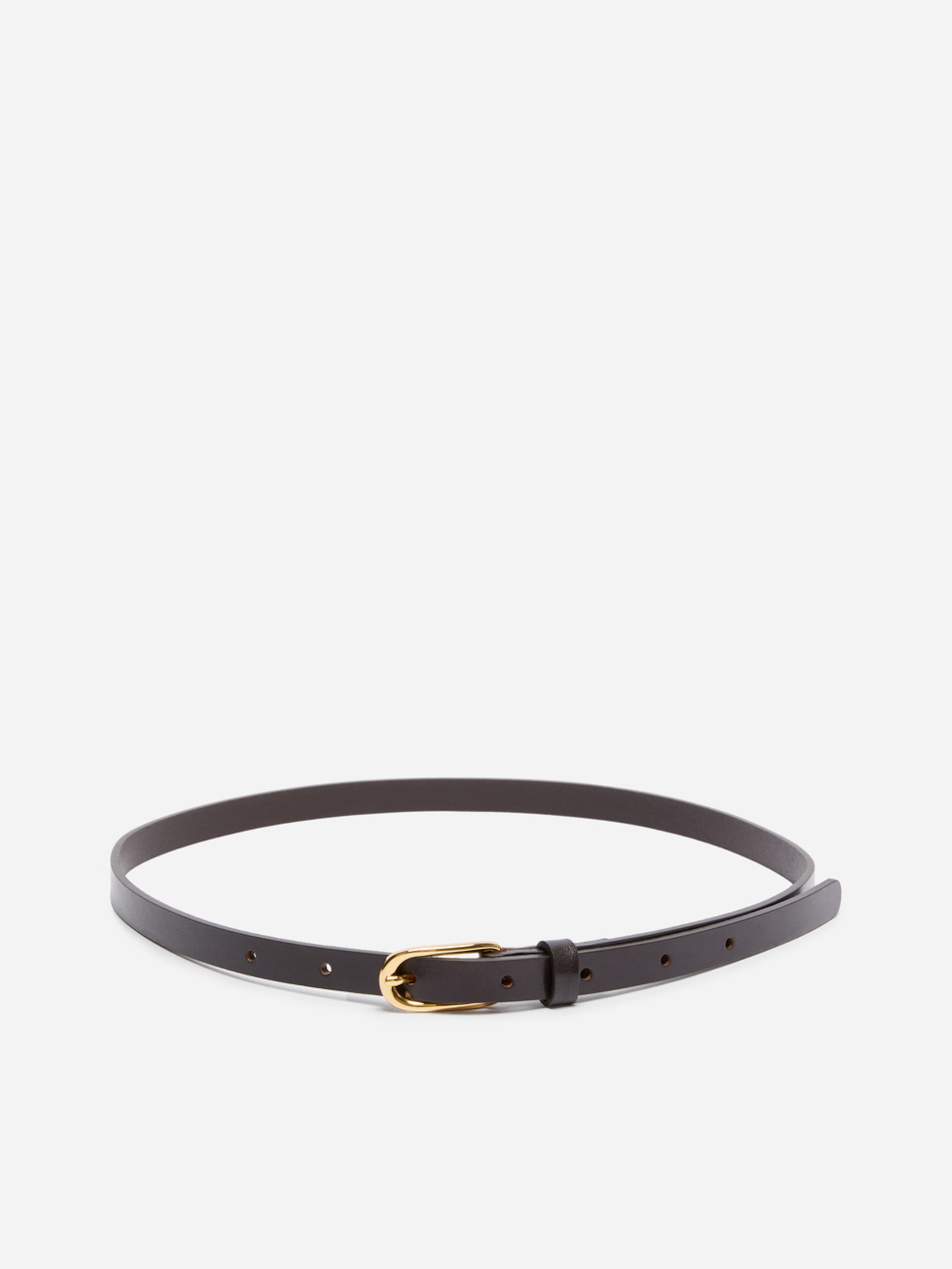 A slim, dark brown leather belt with a shiny gold buckle, neatly placed against a plain white background.