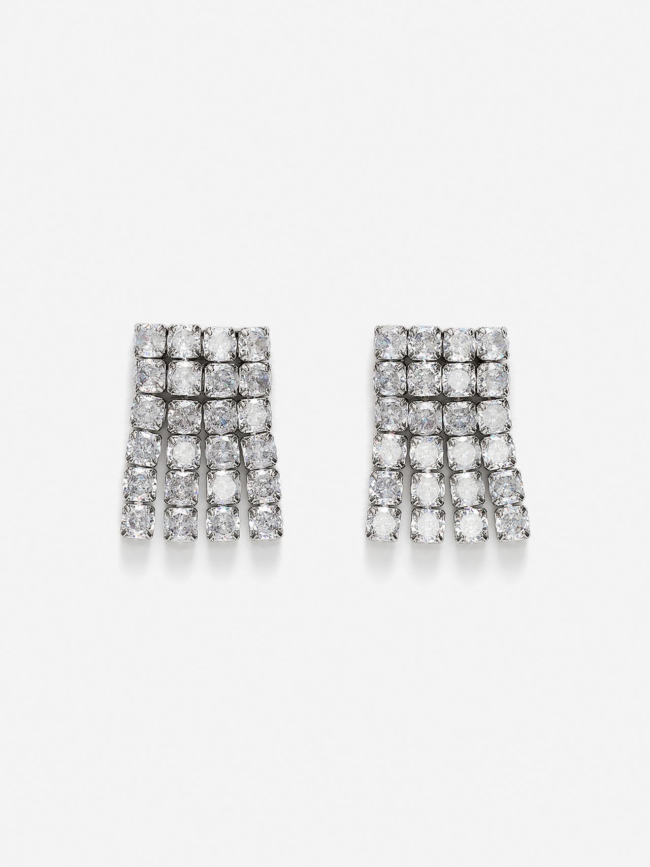 Silver square-shaped earrings with cascading rows of sparkling crystals on a white background.