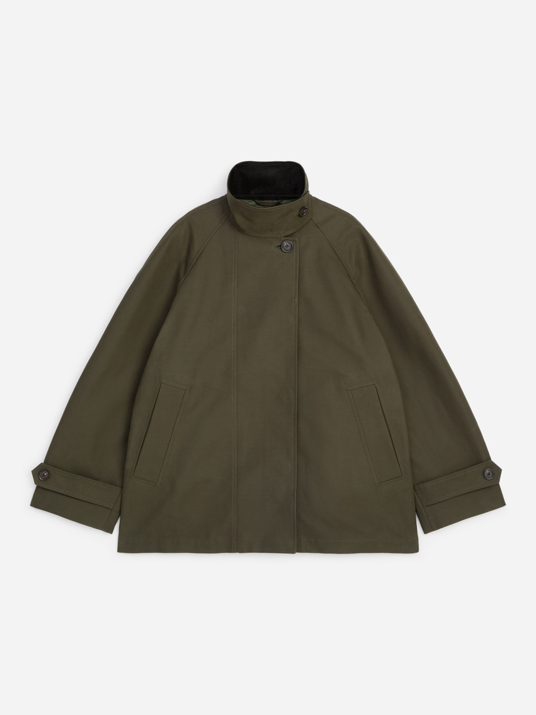 Olive green jacket with a high collar, button closure, and two front pockets on a plain white background.