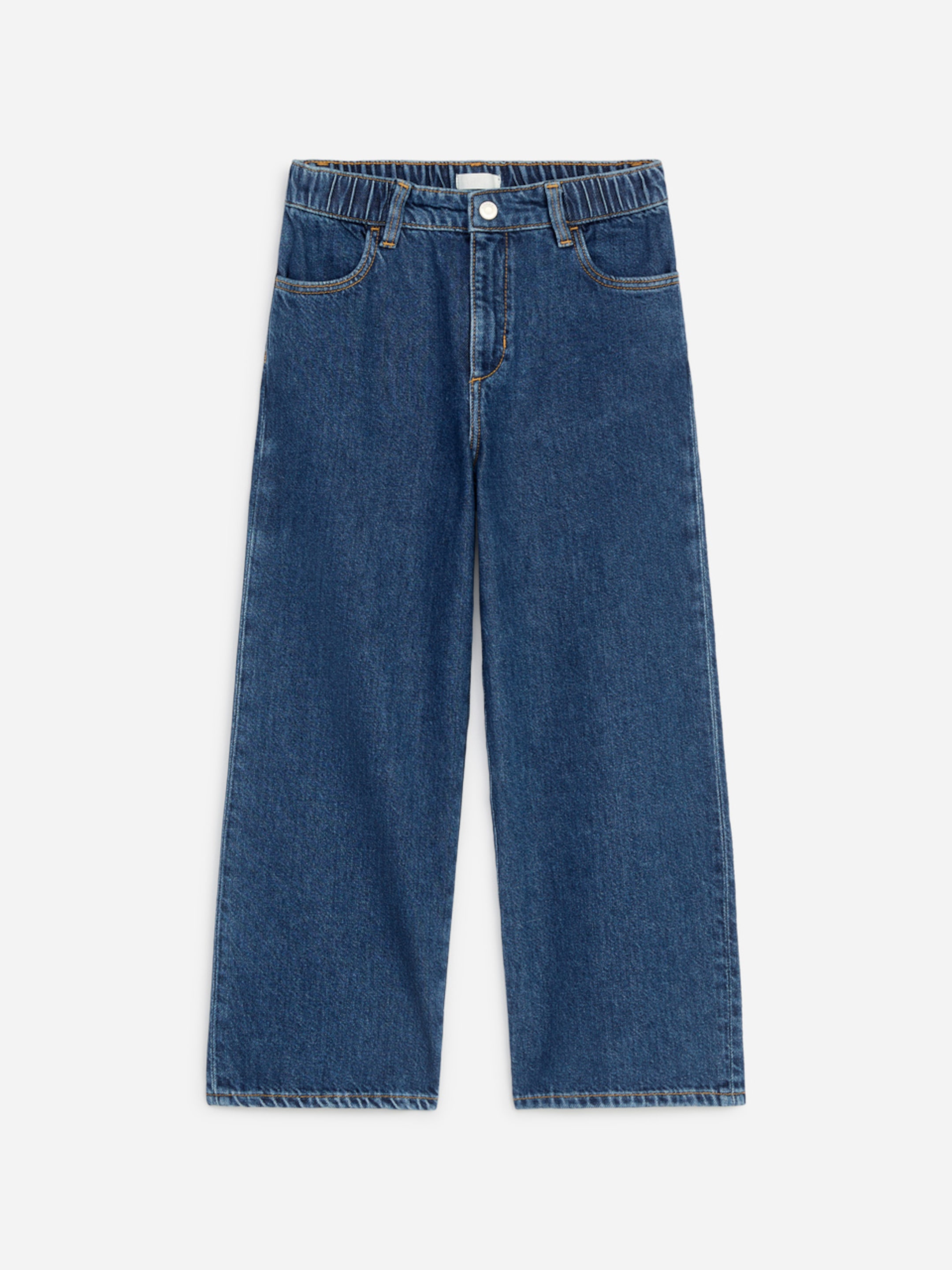 Wide-leg dark blue denim jeans with an elastic waistband and front button closure, laid flat against a light background.