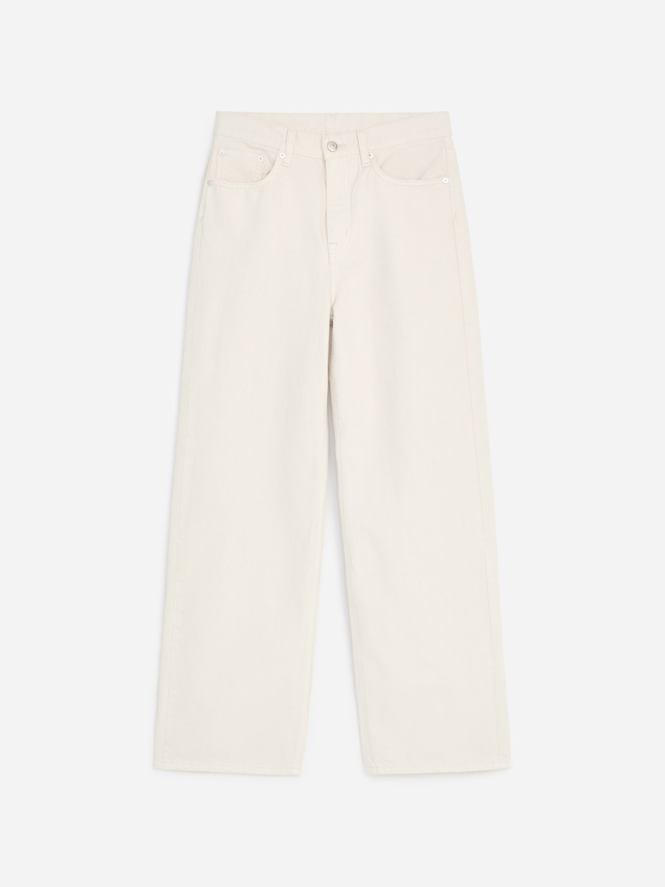 Off-white, high-waisted wide-leg jeans with five pockets and a button closure, displayed on a white background.