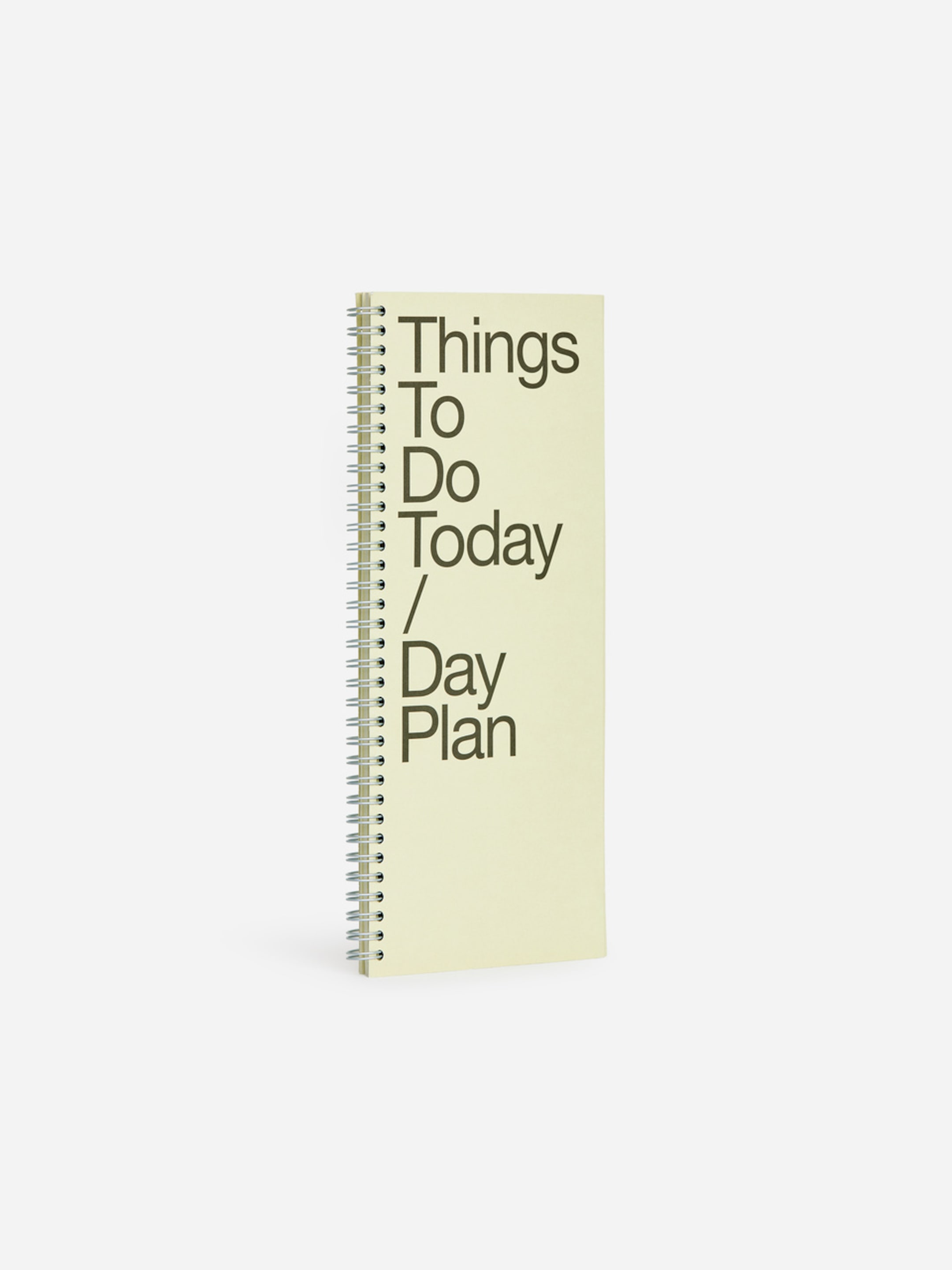 A spiral-bound notebook with a beige cover titled "Things To Do Today / Day Plan."