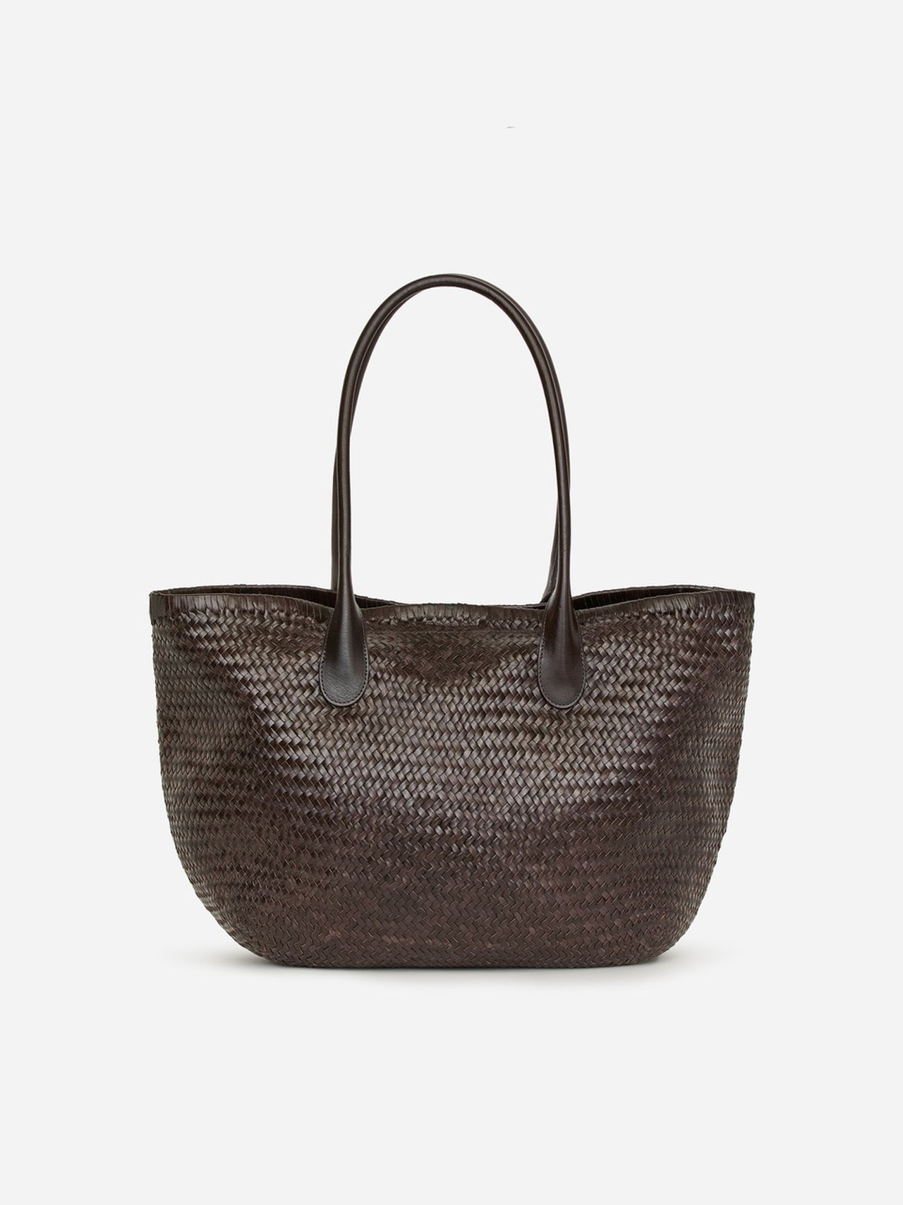 Dark brown woven leather tote bag with two top handles, set against a white background.