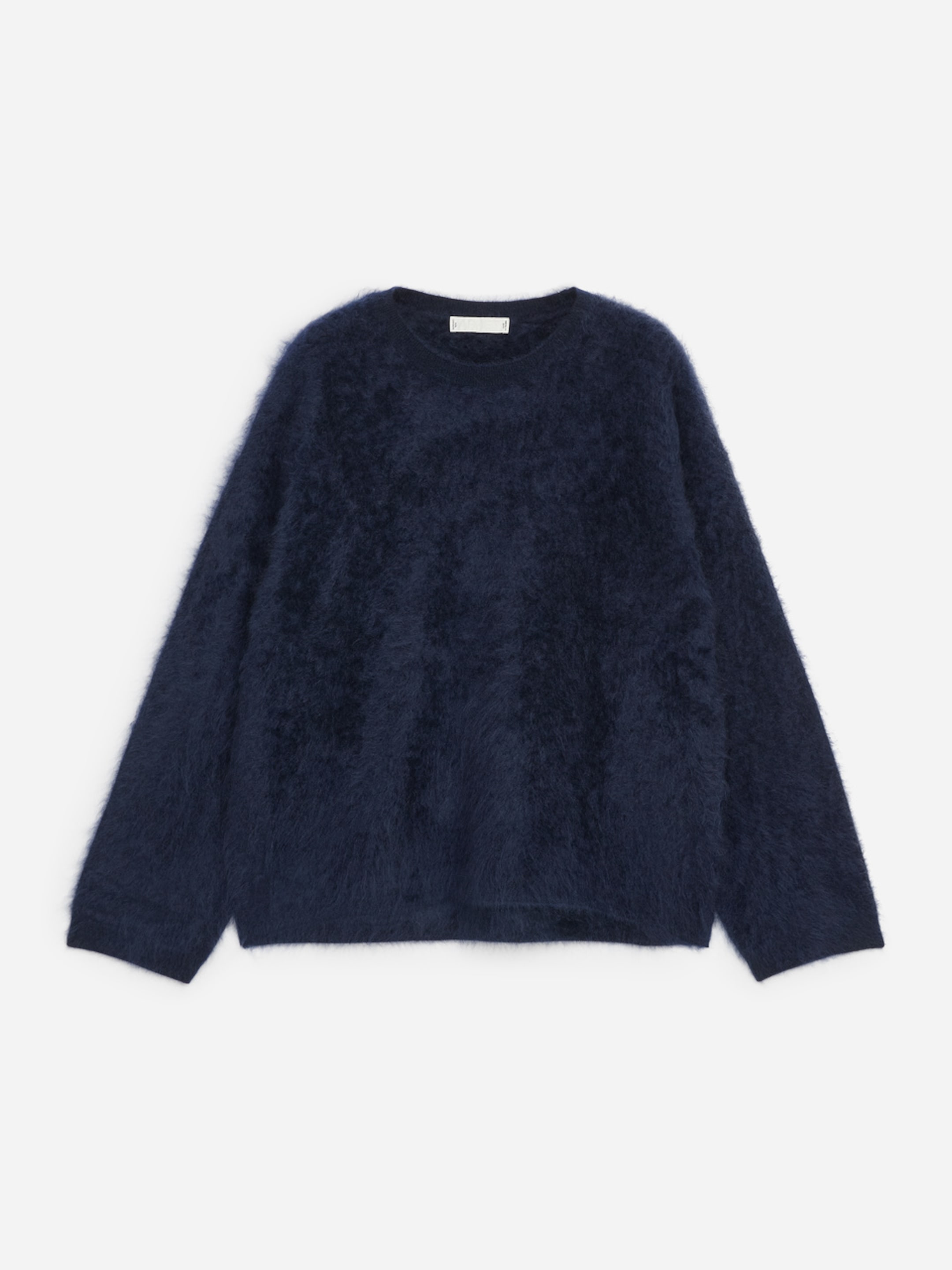 A navy blue fuzzy sweater with long sleeves and a round neckline, displayed flat on a white background.