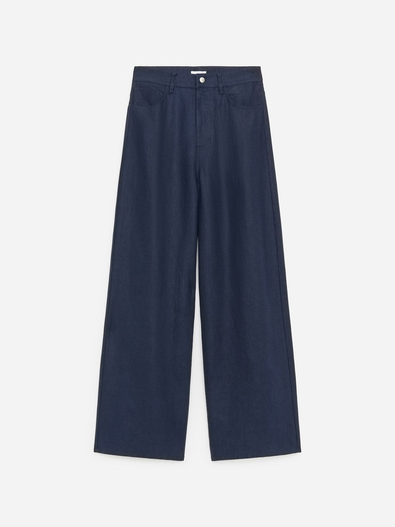 Wide-leg dark blue denim pants with a button and zip closure, featuring belt loops and front pockets, against a white background.