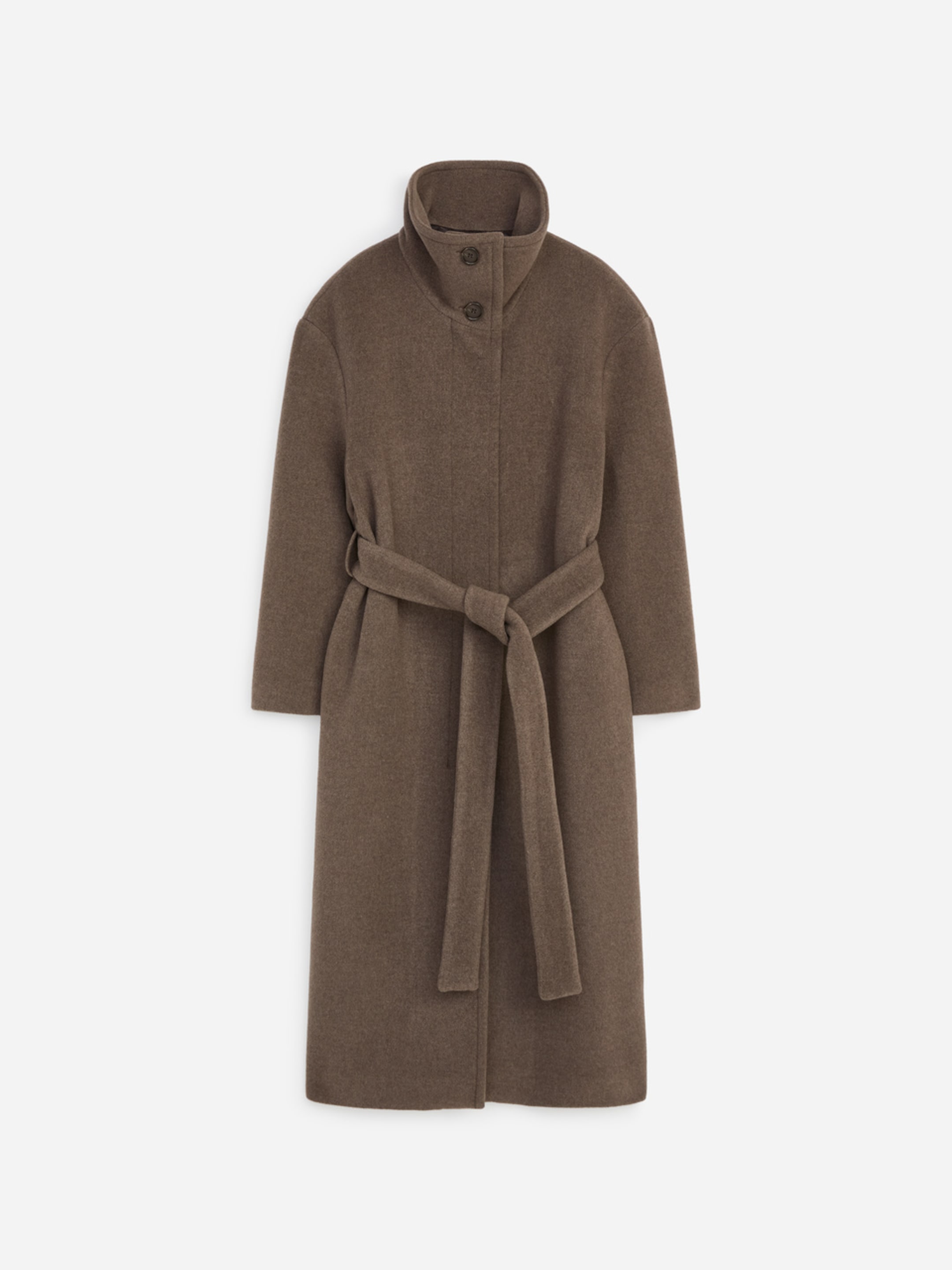 A brown wool coat with a high collar, button closure, and a waist belt, hanging on a white background.